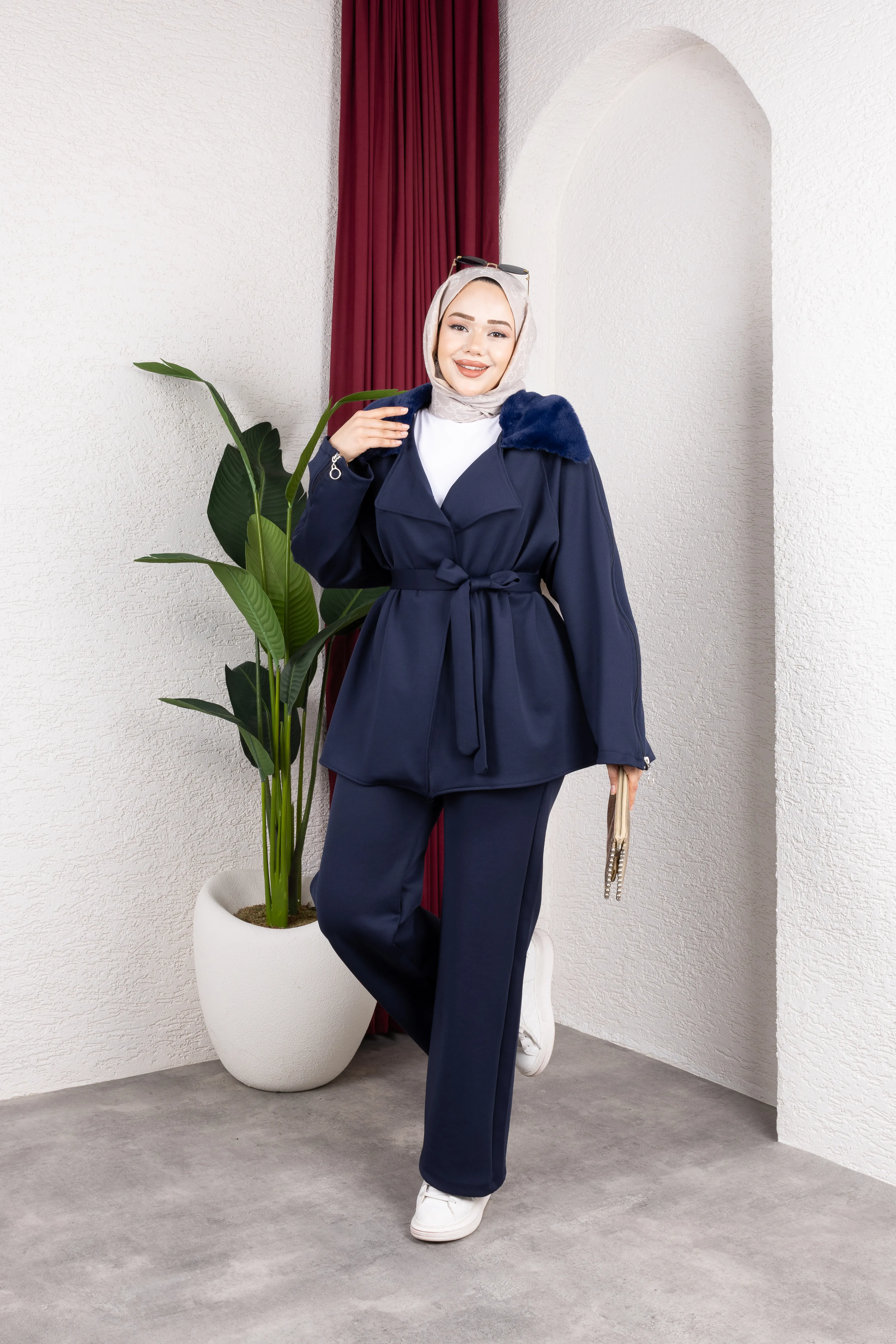 Kürklü Ceket Takım Lacivert