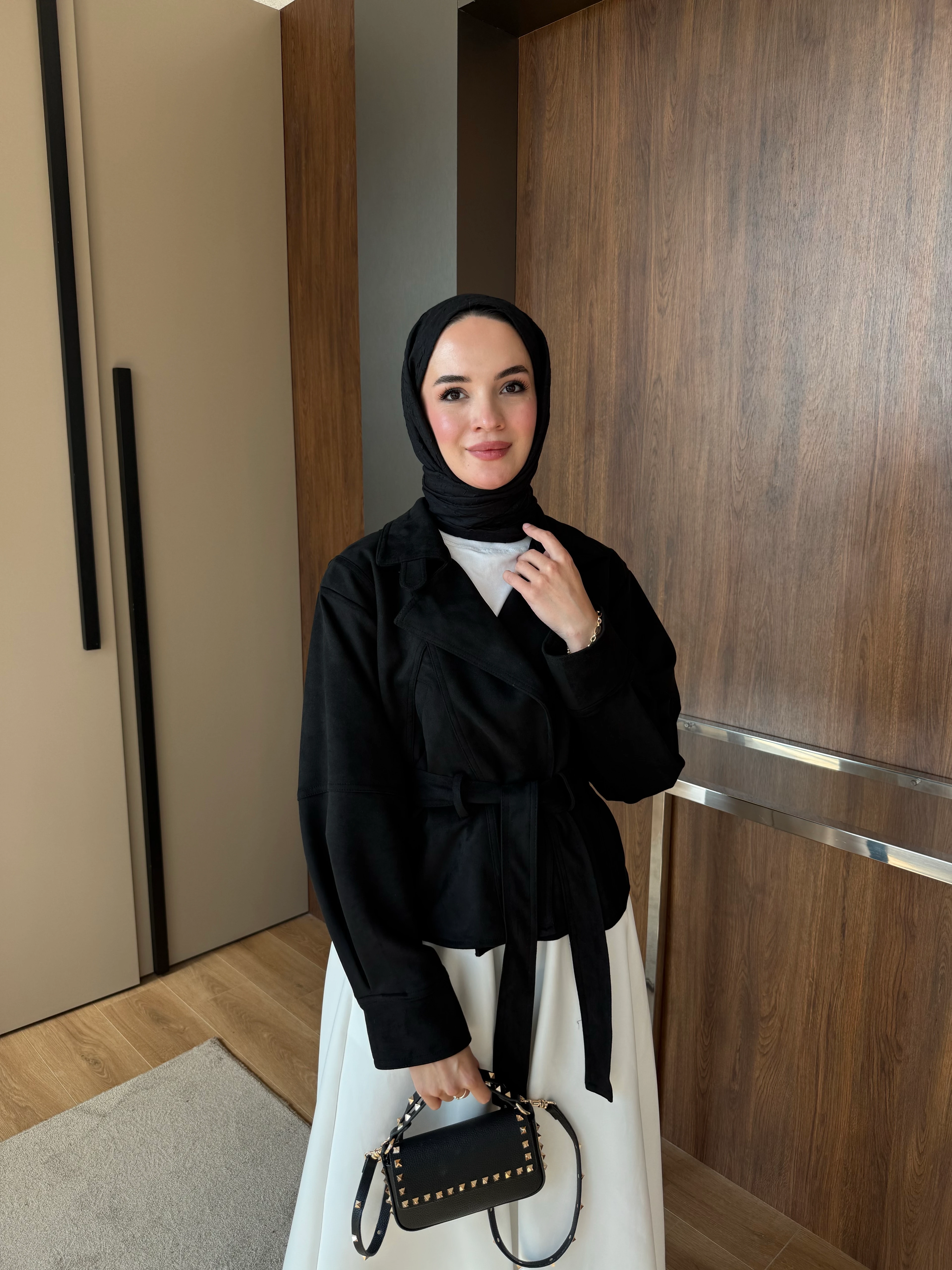 Süet Kısa Trench Siyah 