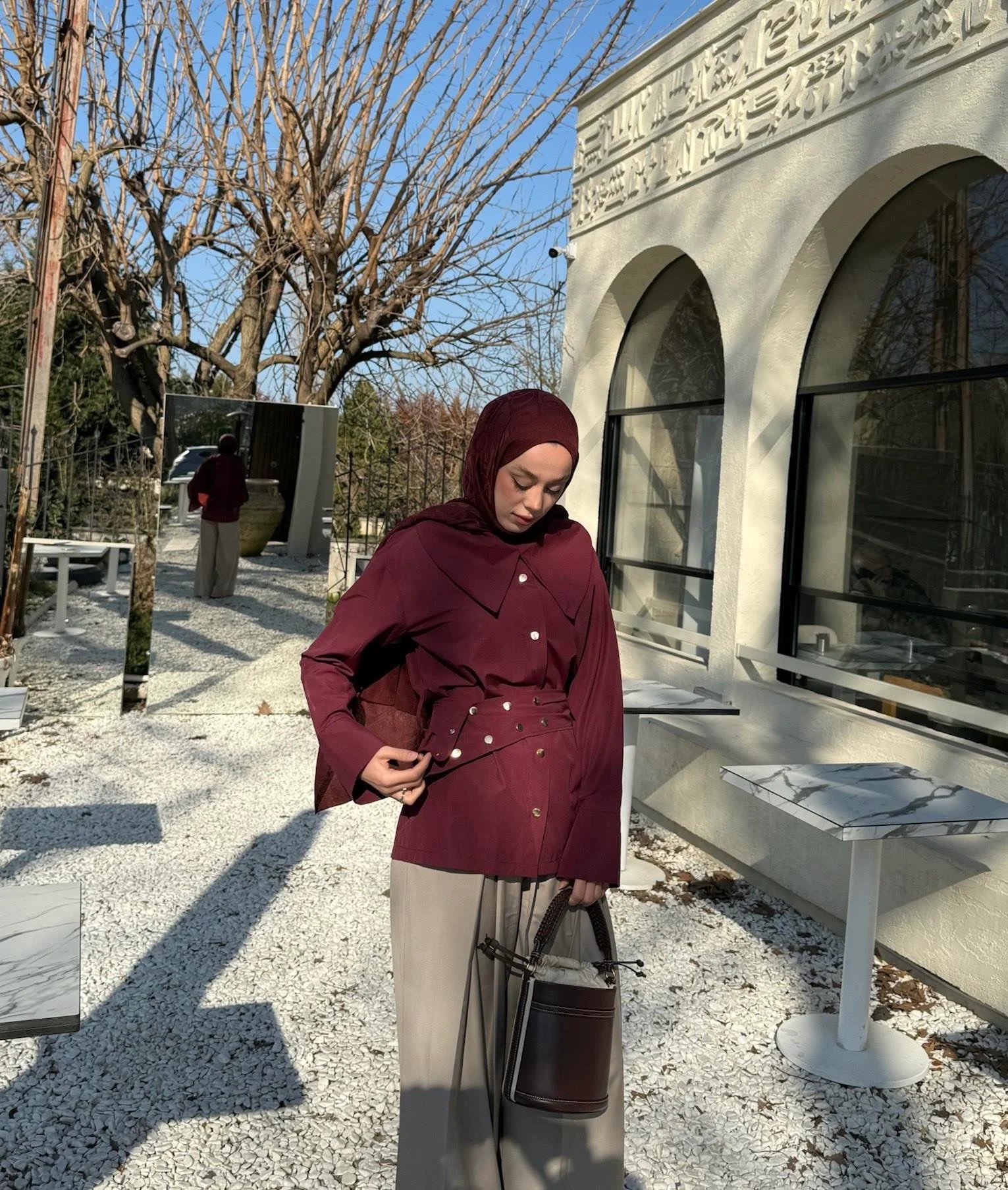 Gold Düğmeli Tasarım Gömlek - Bordo