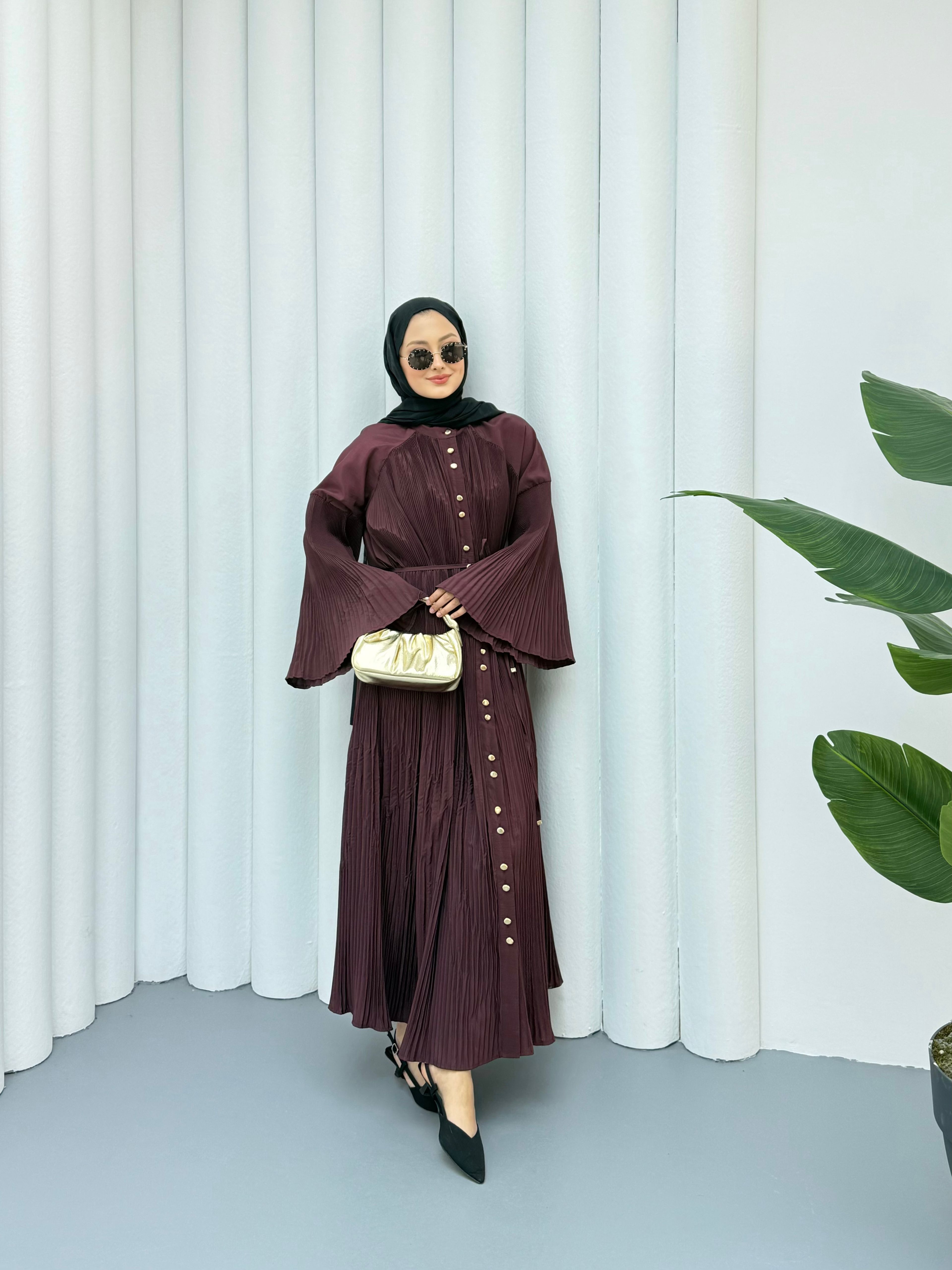 Dik Piliseli Premium Elbise - Bordo