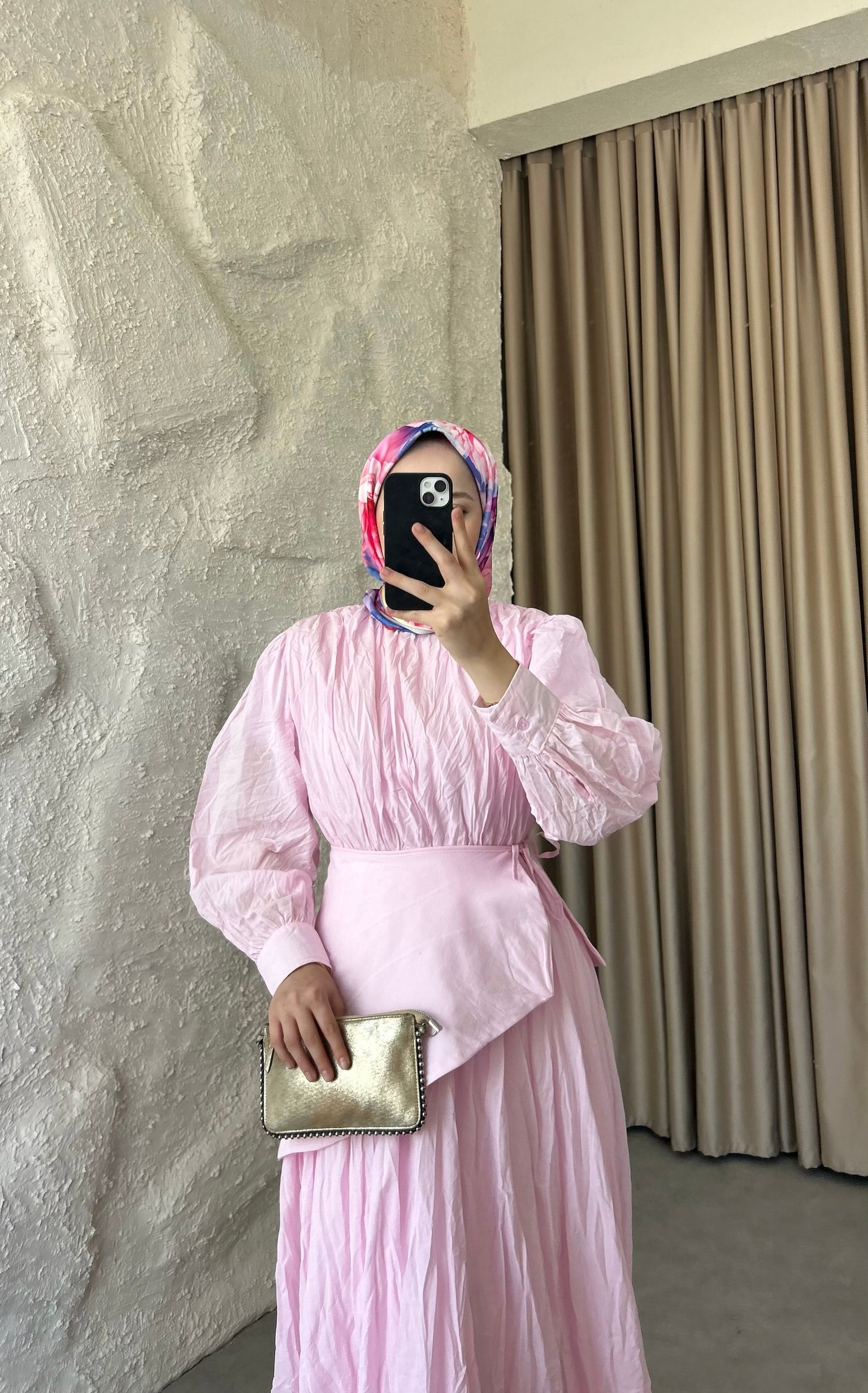 Bel Fularlı Vual Elbise - Pembe