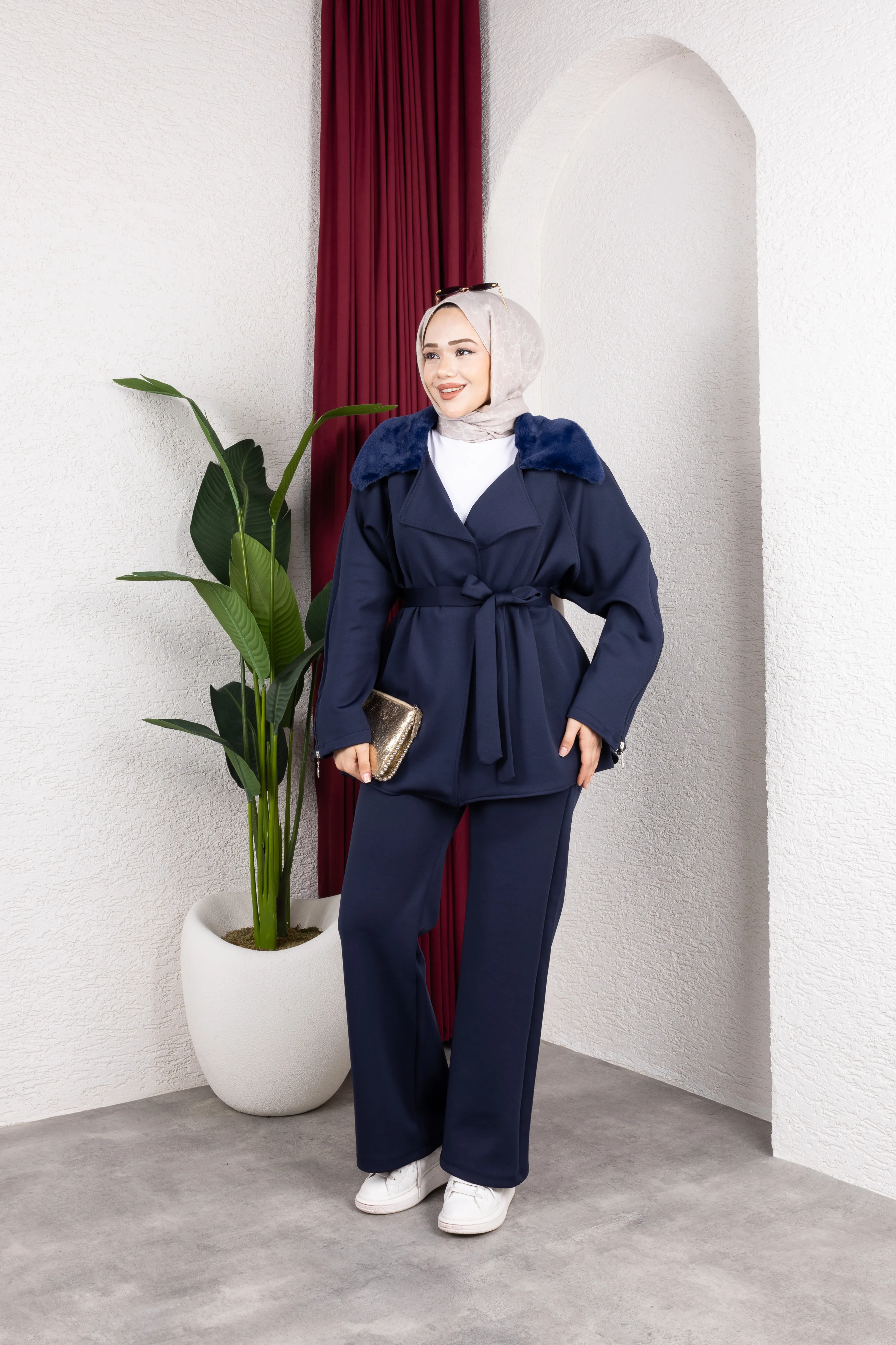 Kürklü Ceket Takım Lacivert