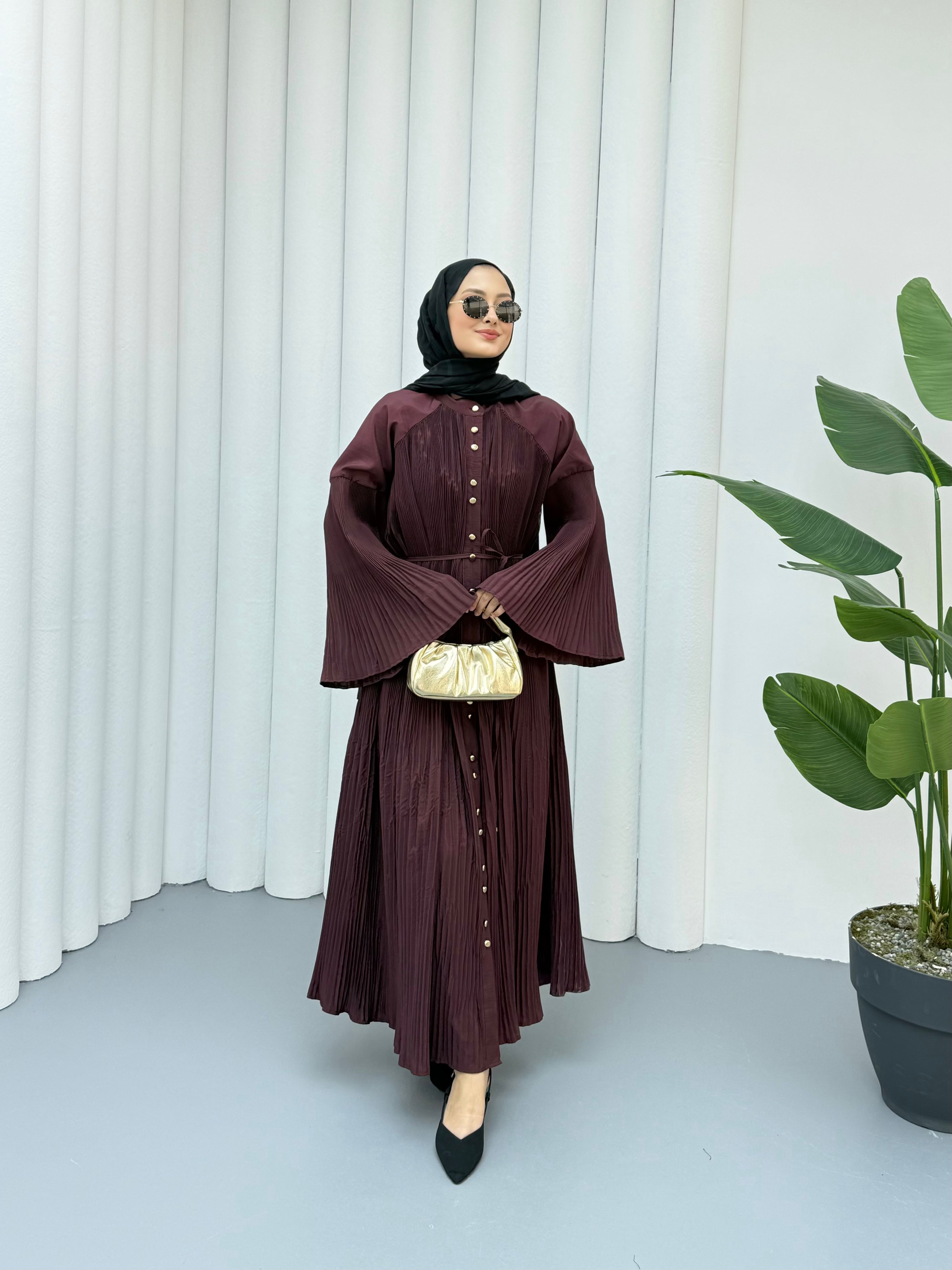 Dik Piliseli Premium Elbise - Bordo