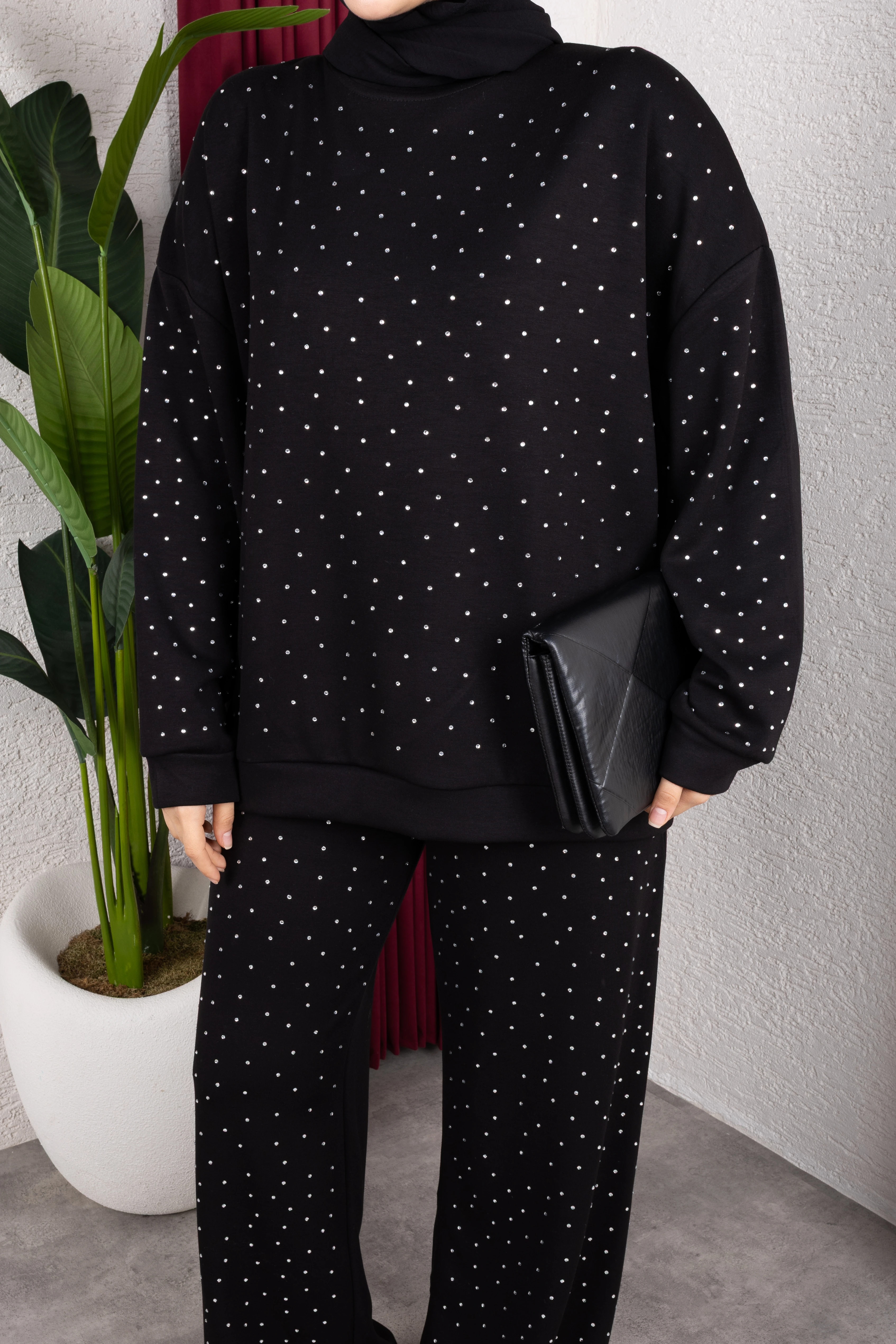 Daina Taşlı  Pantolonlu Takım Siyah