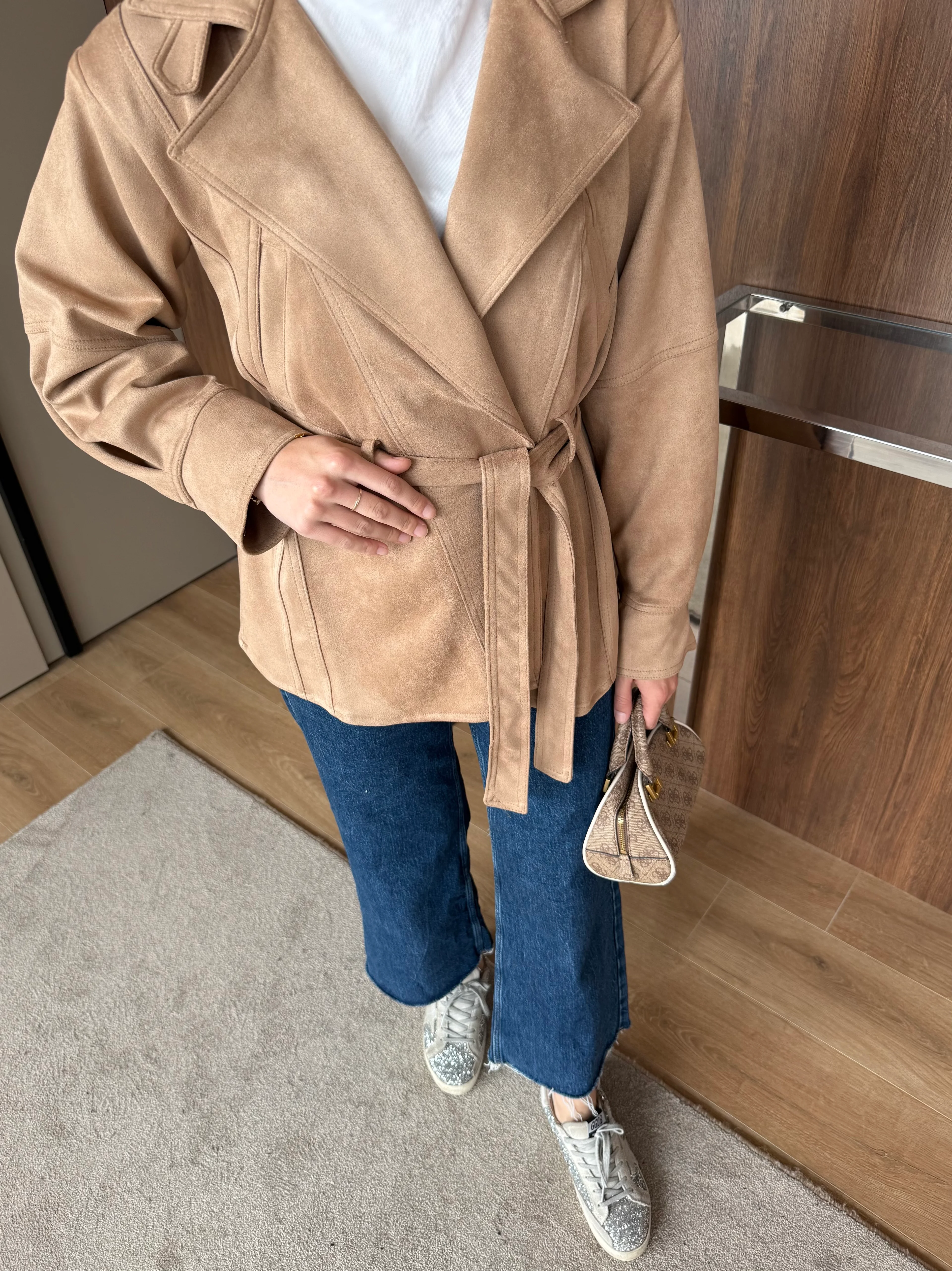 Süet Uzun Trench Taba