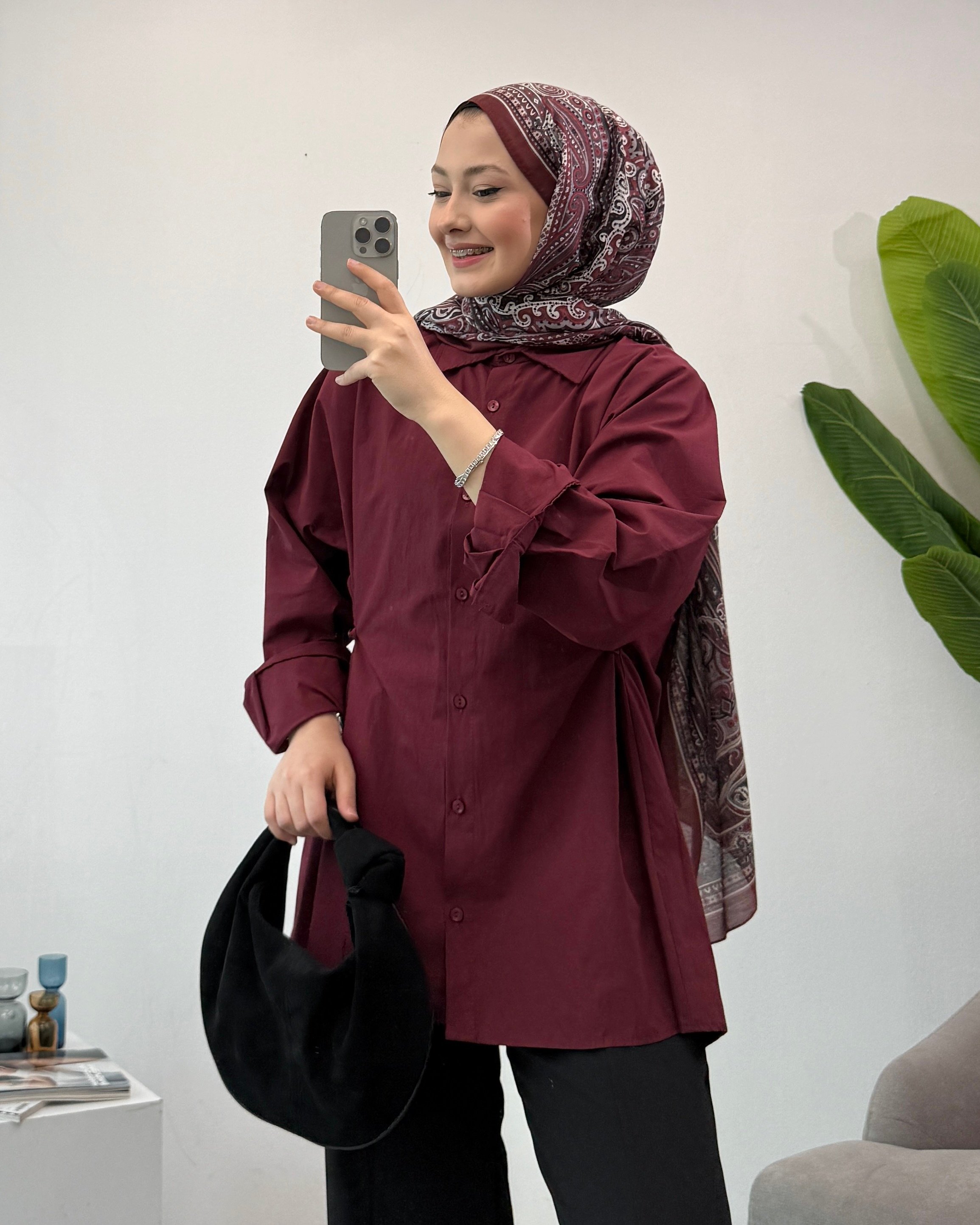 Premium Belden Düğmeli Tasarım Gömlek  - Bordo
