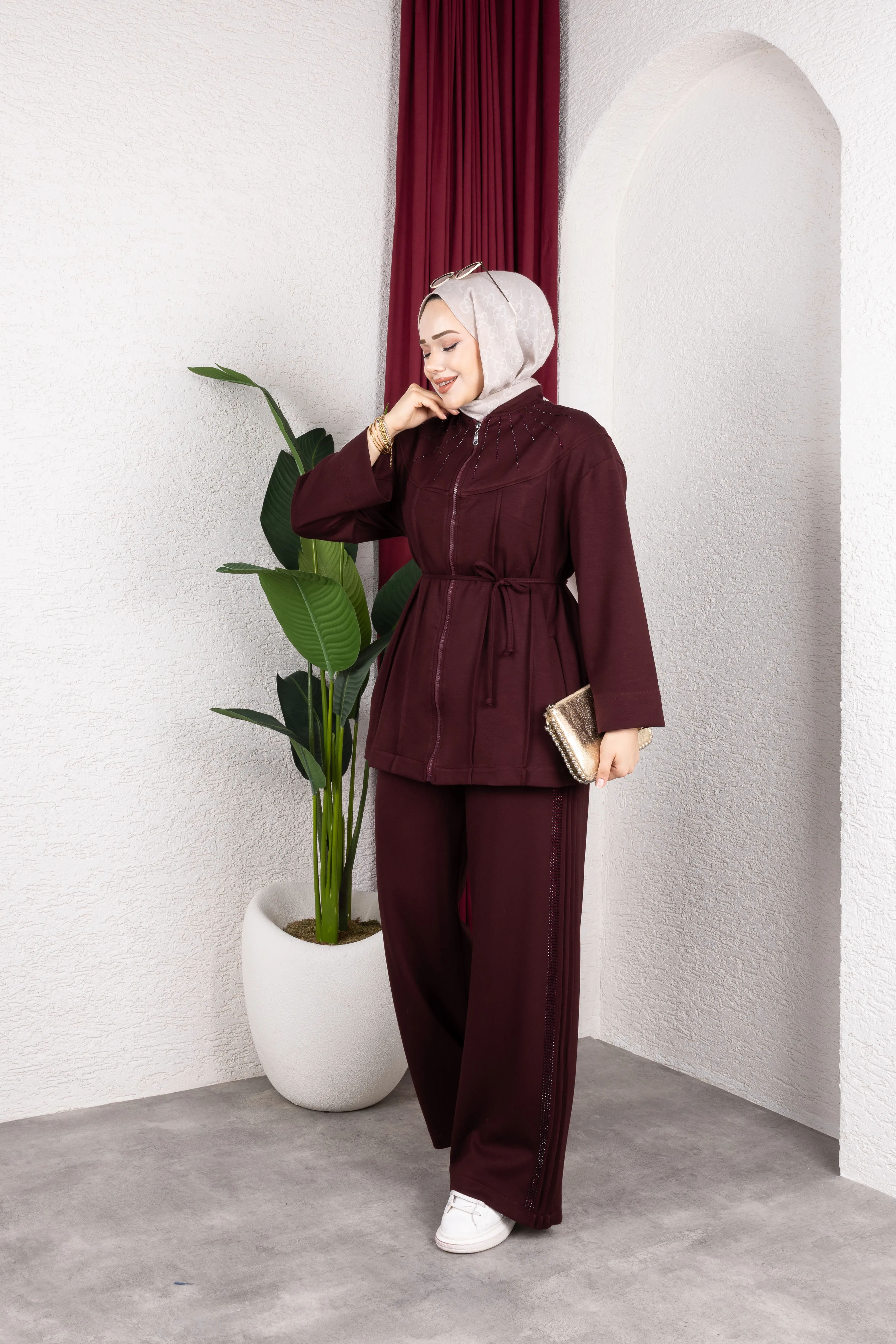 Alena Taşlı Takım Bordo