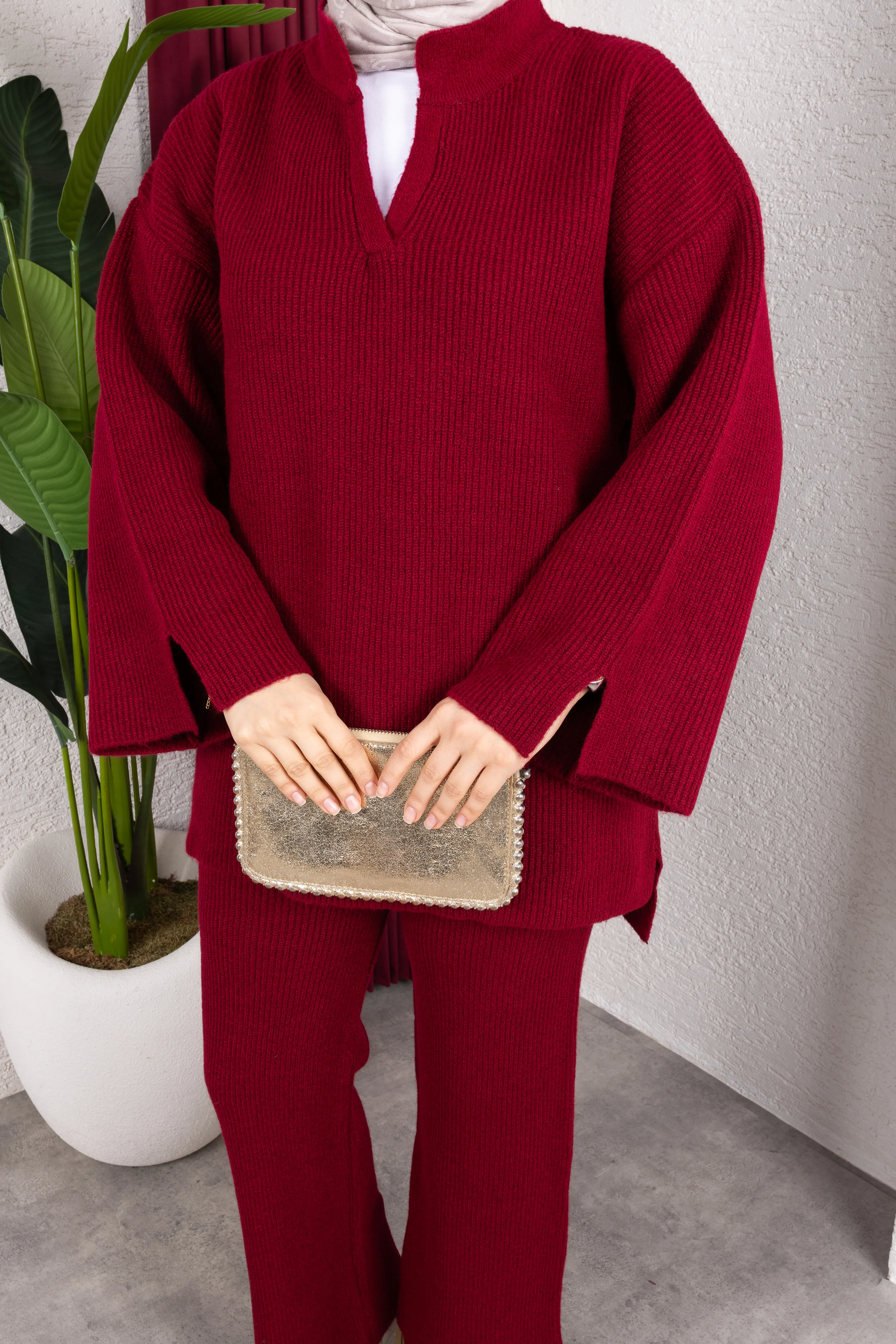 V Yaka Premıum Pantolonlu Takım Bordo