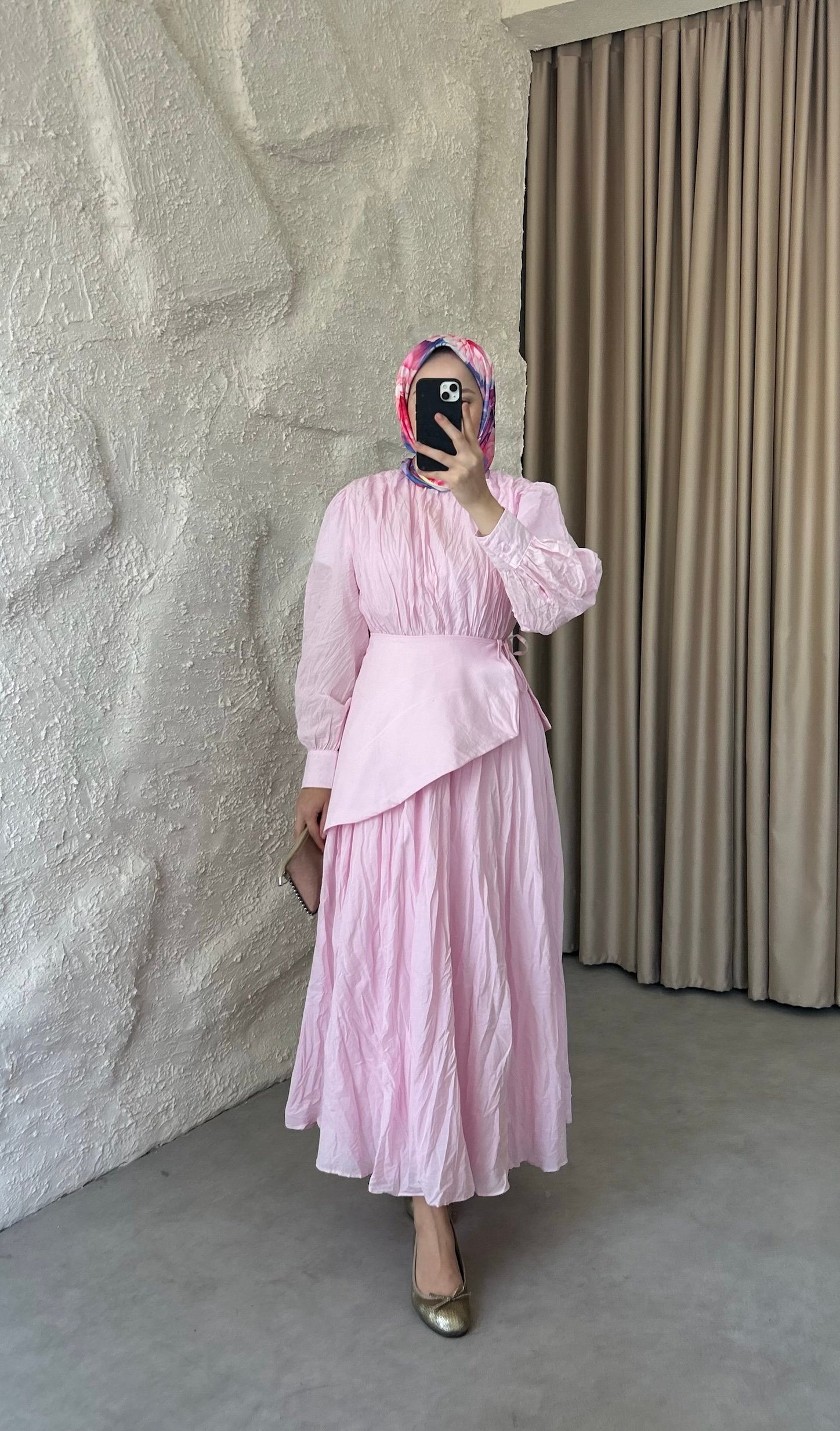 Bel Fularlı Vual Elbise - Pembe