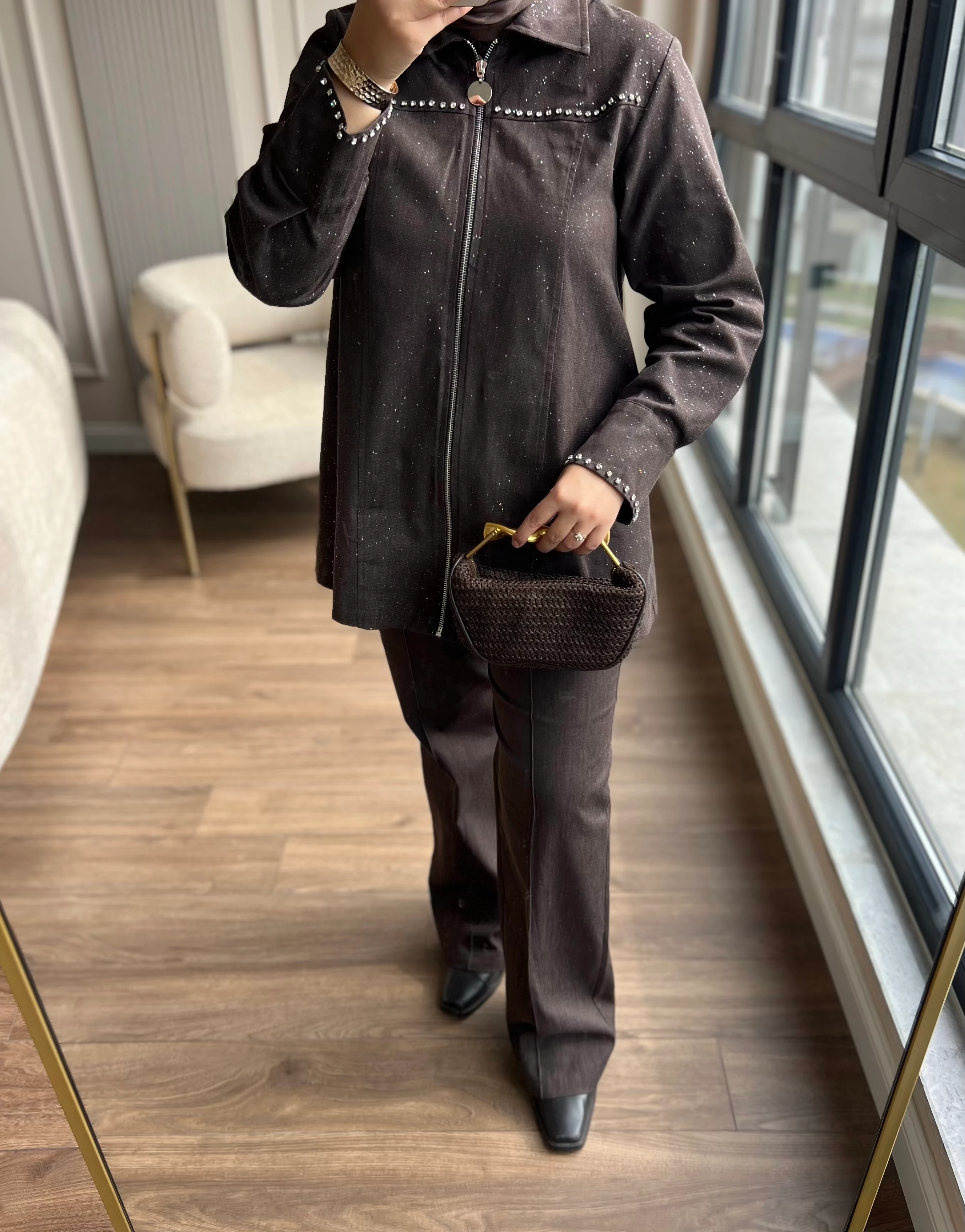 Taşlı Kot Takım Kahverengi 