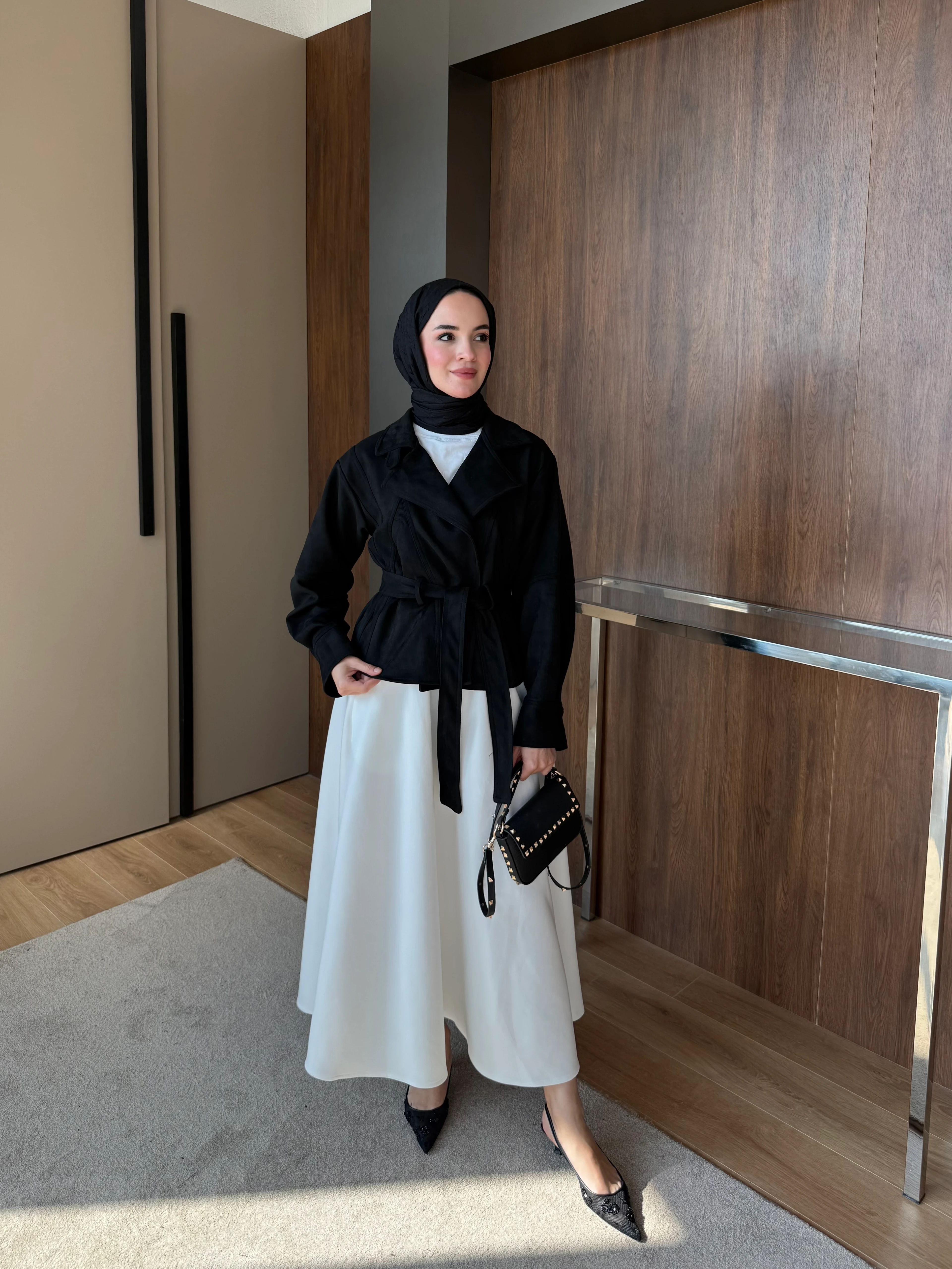 Süet Kısa Trench Siyah 