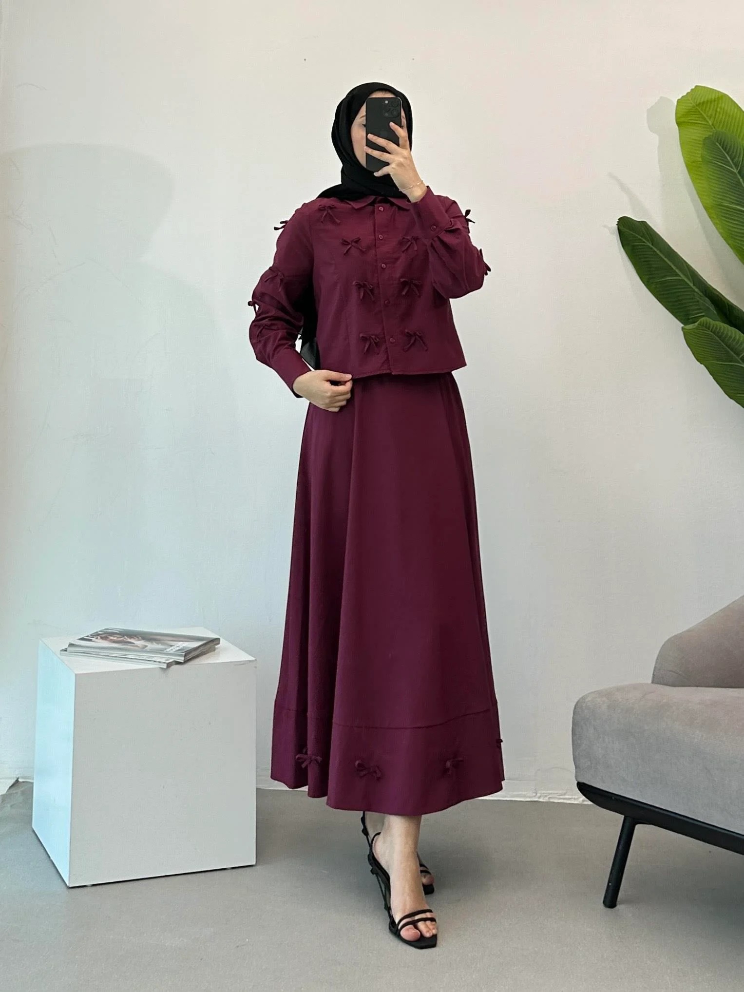 Fiyonklu Etekli Takım - Bordo