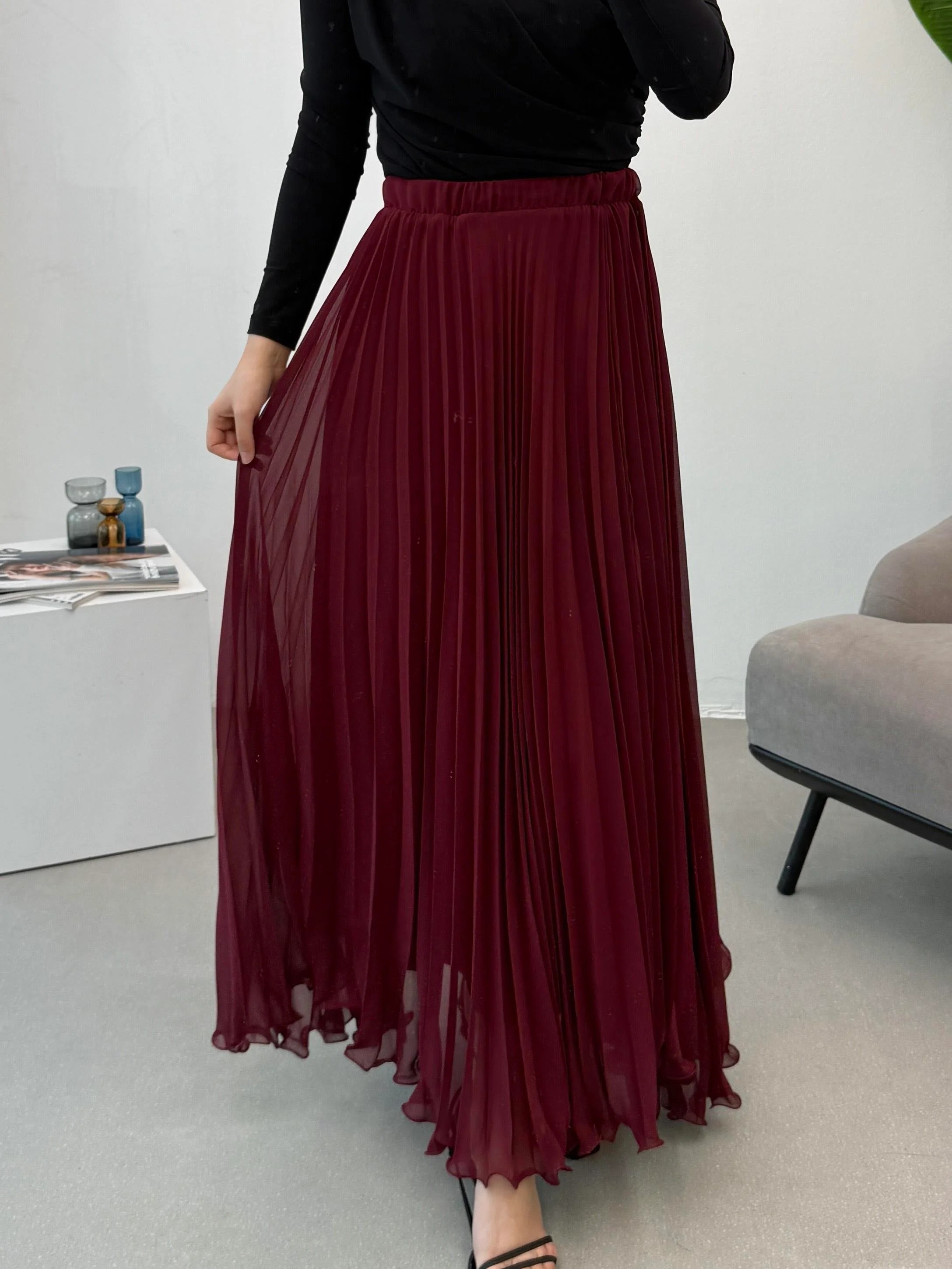 Hm Model Şifon Piliseli Etek - Bordo