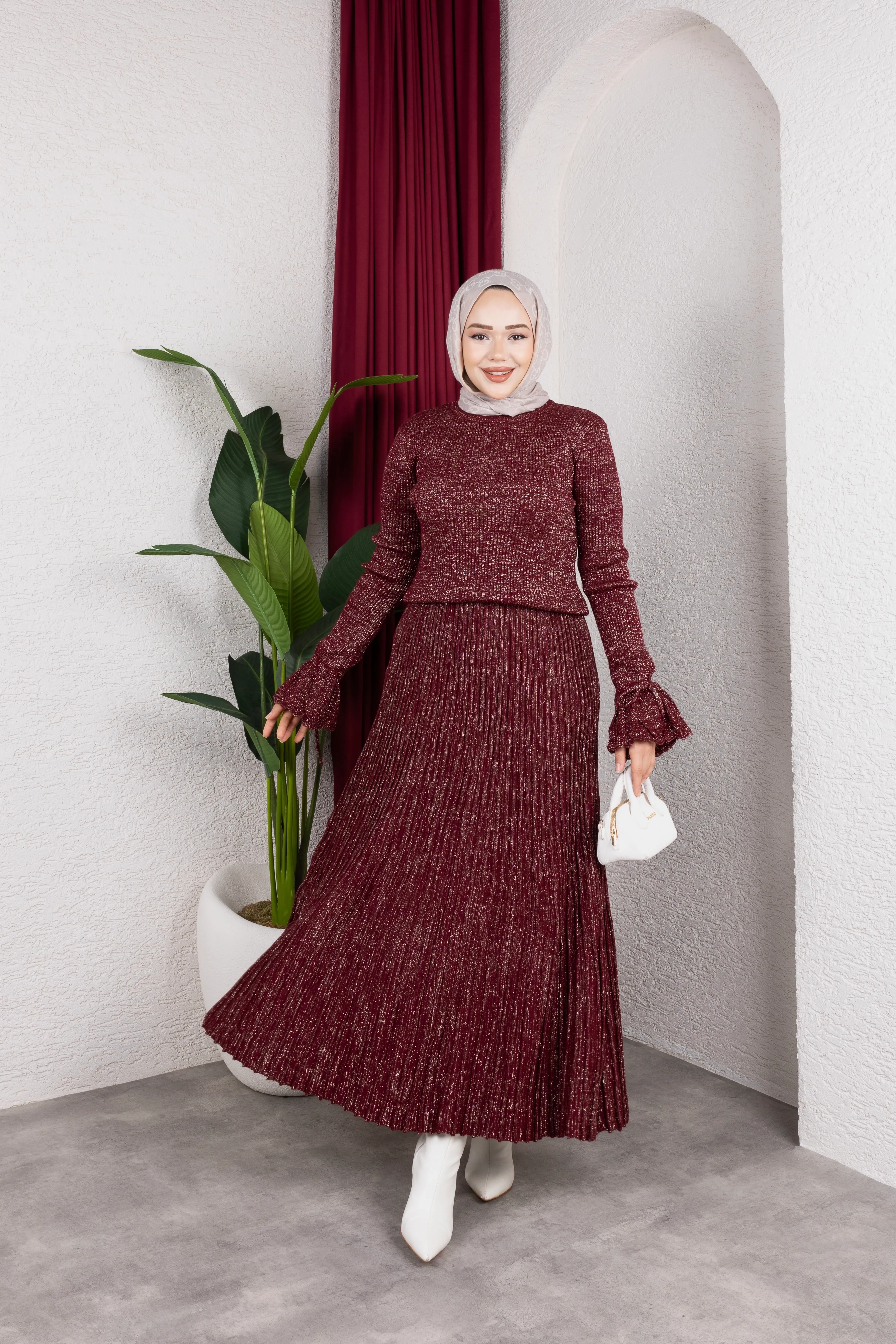 Simli Etekli Triko Takım Bordo