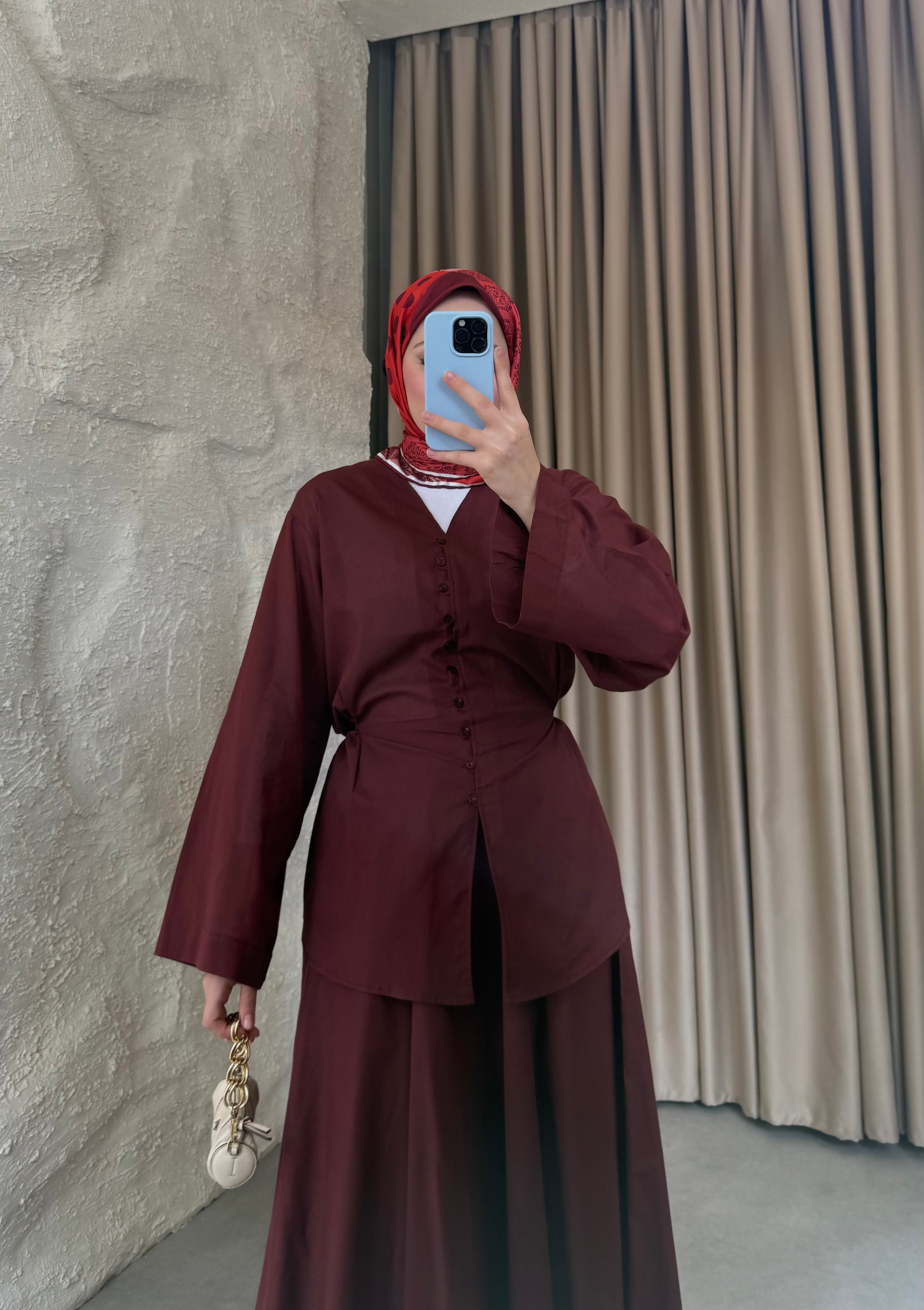 Bel Oturtmalı Etekli Takım Bordo