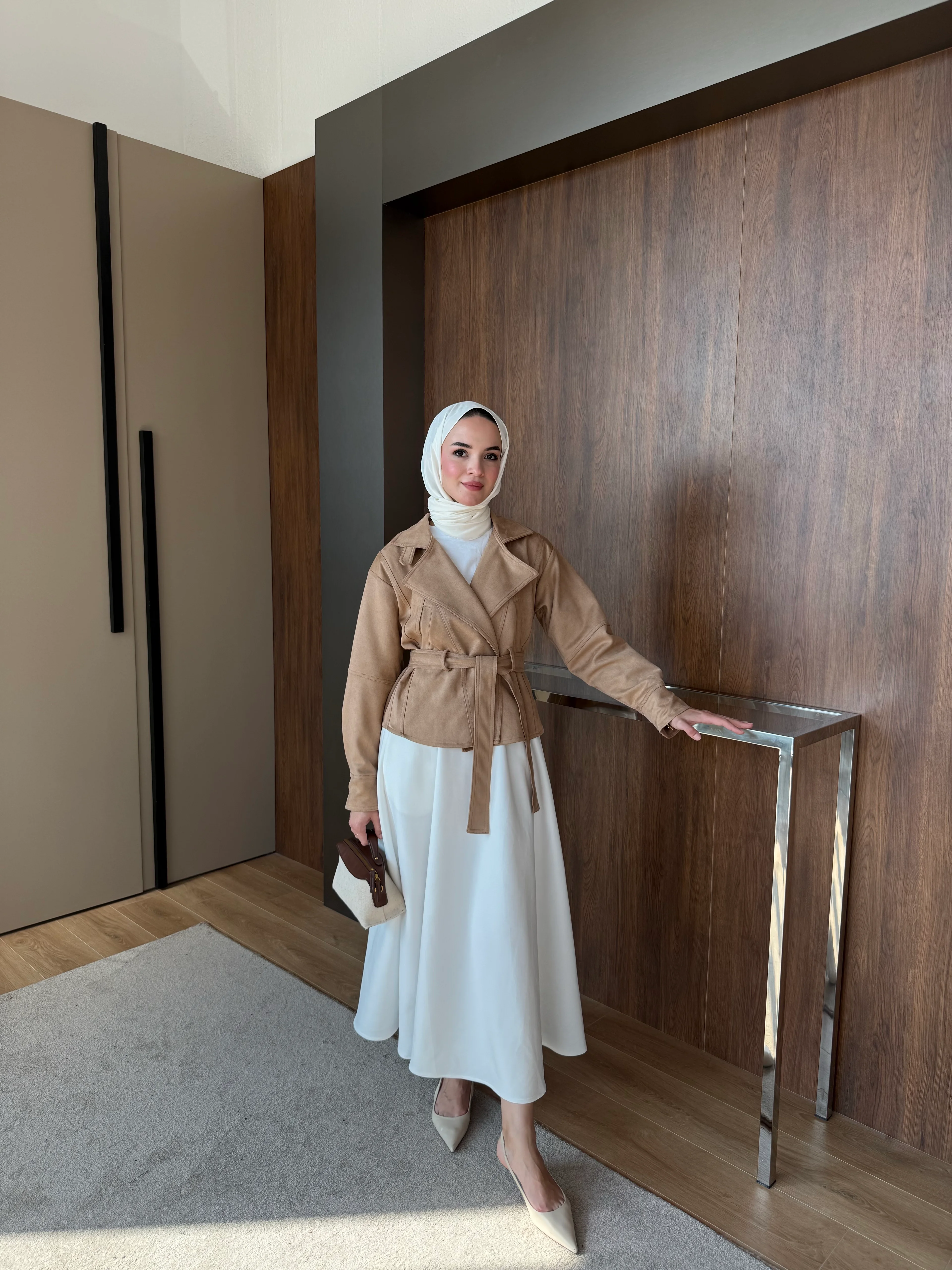  Süet Kısa Trench Taba 