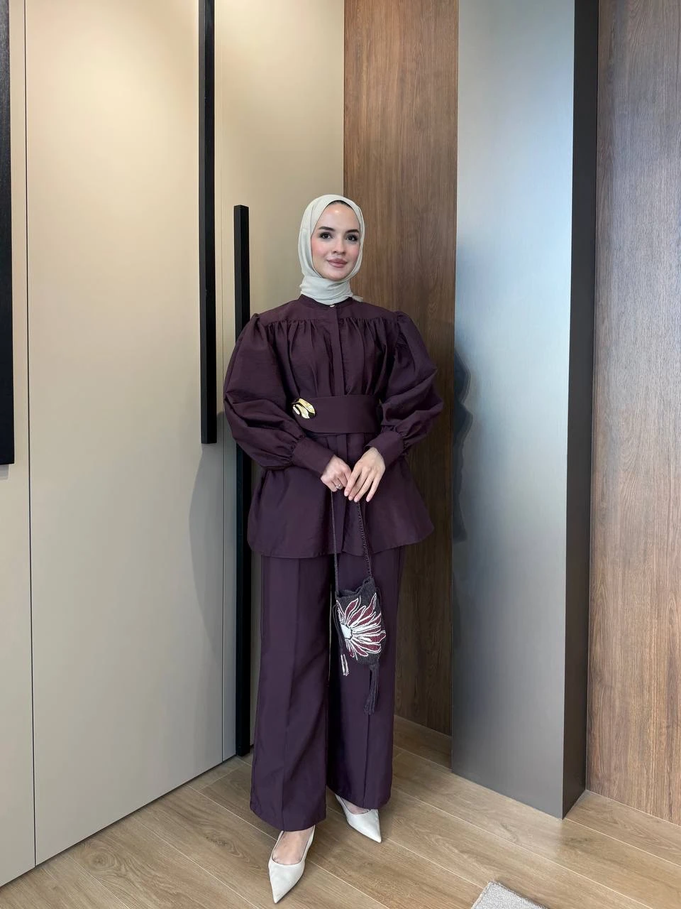 Cupra Broş Detaylı Pantolonlu Takım Bordo 