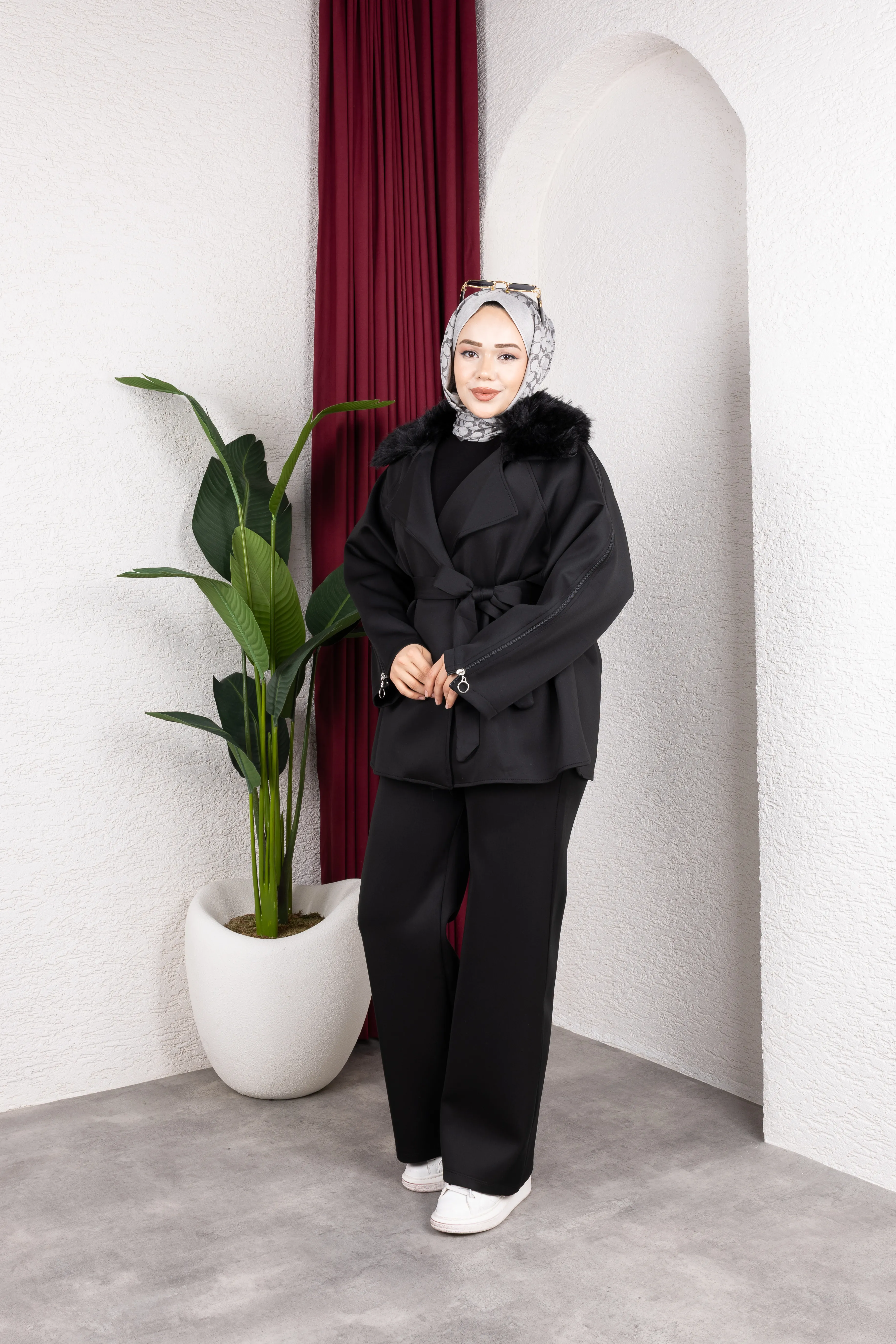 Kürklü Ceket Takım Siyah