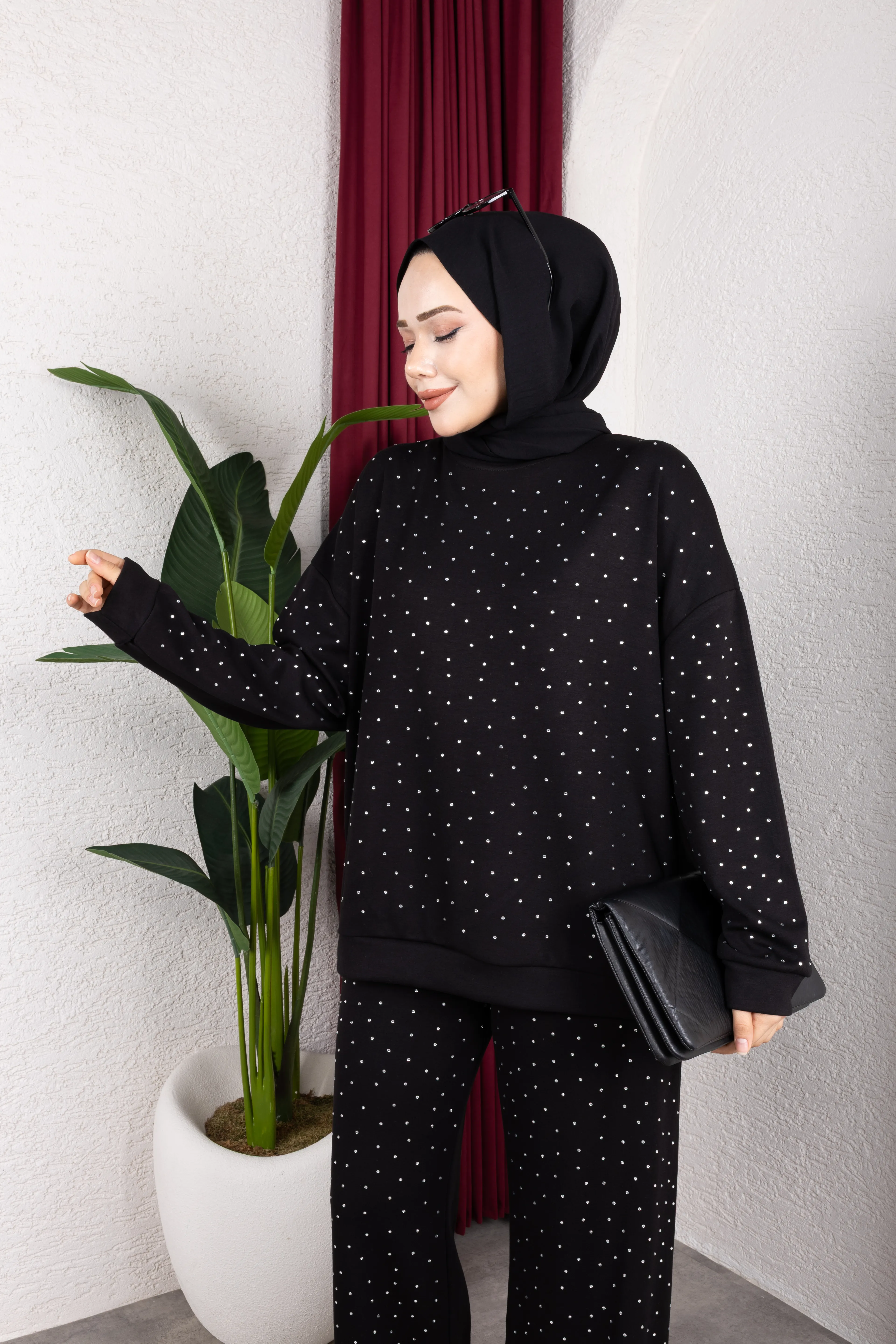 Daina Taşlı  Pantolonlu Takım Siyah