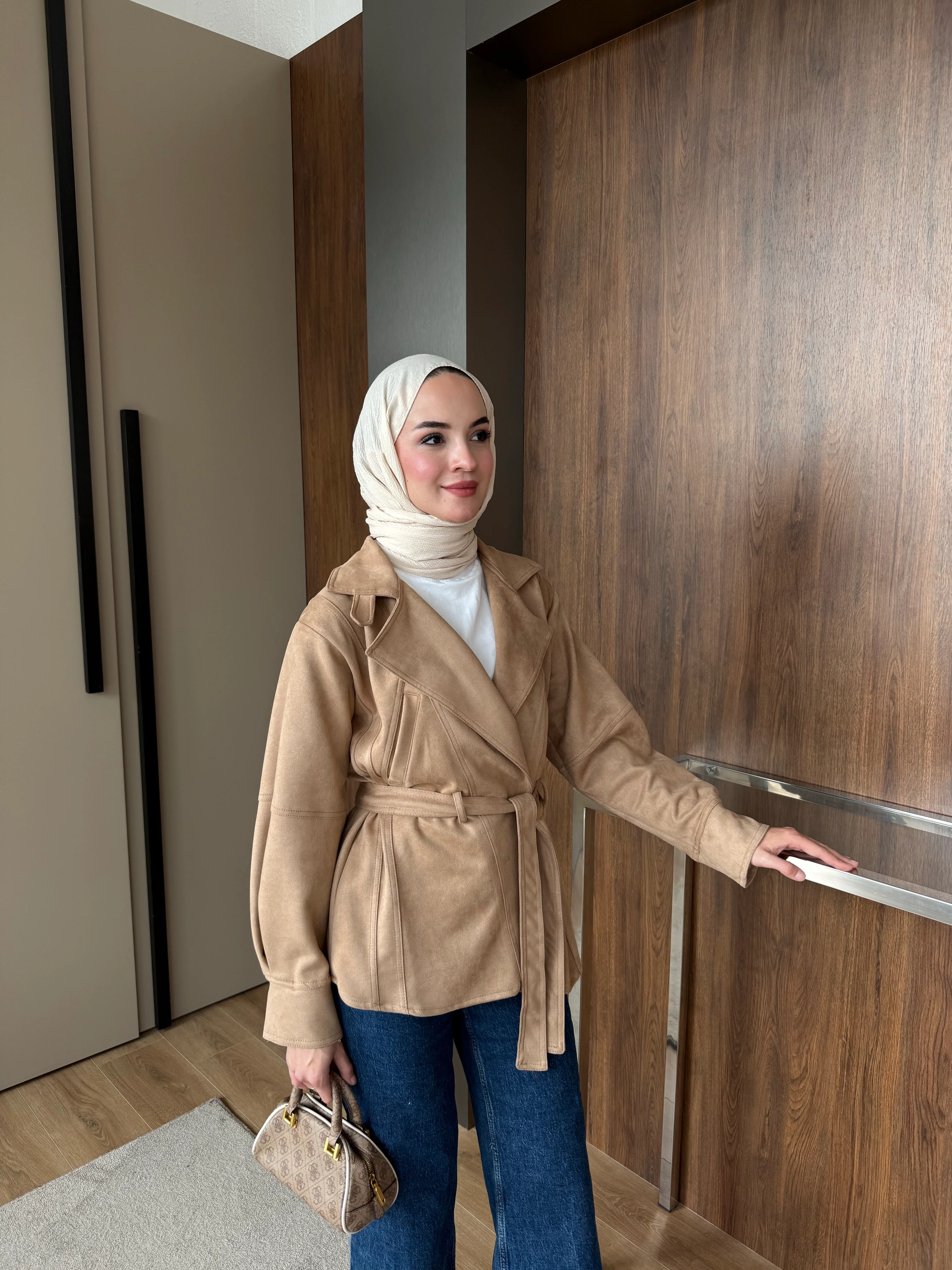 Süet Uzun Trench Taba