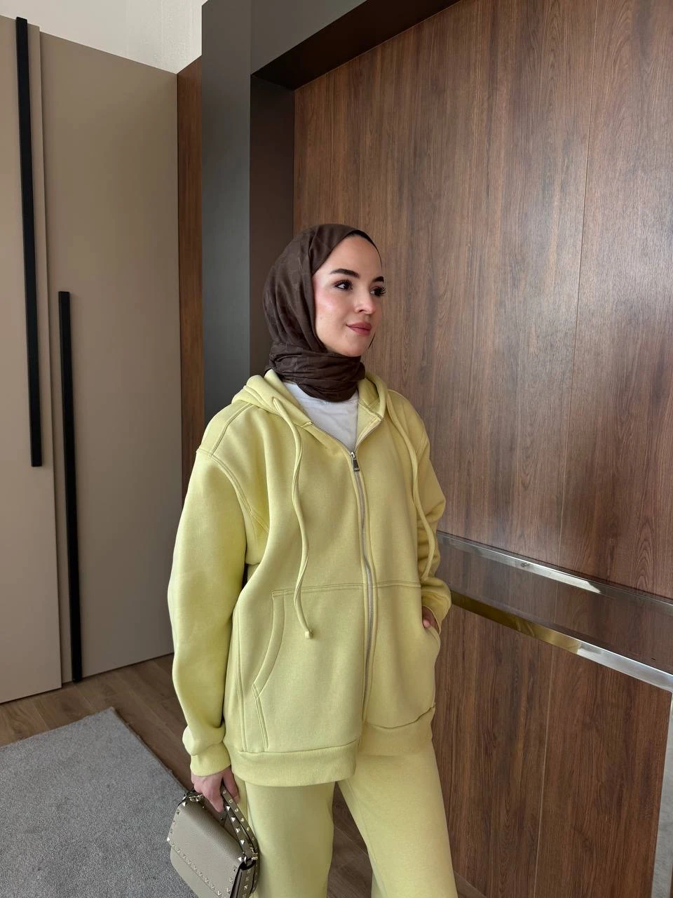 Üç İplik Fermuarlı Pantolonlu Takım Sarı