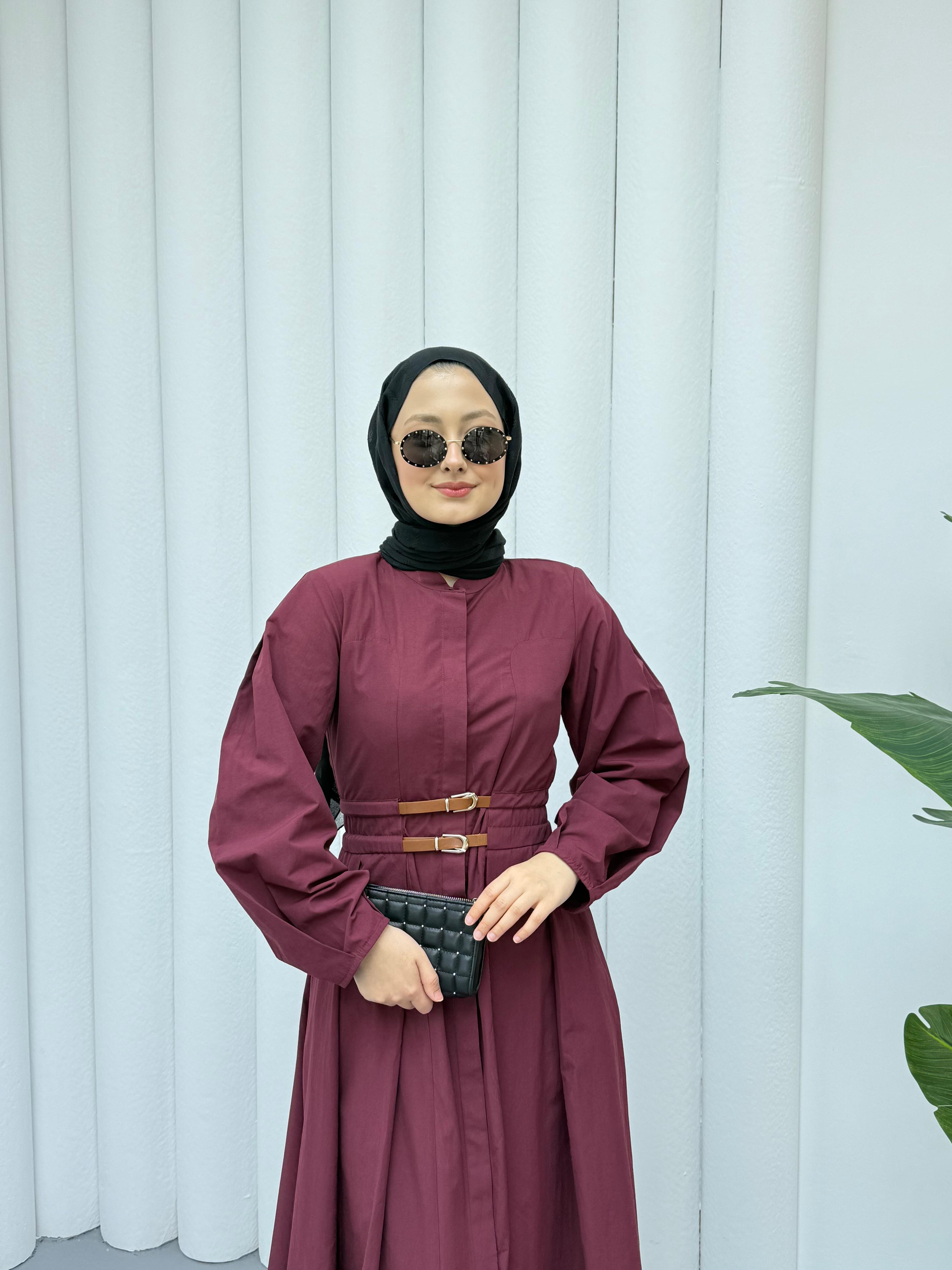 Kemerli Premıum Elbise - Bordo