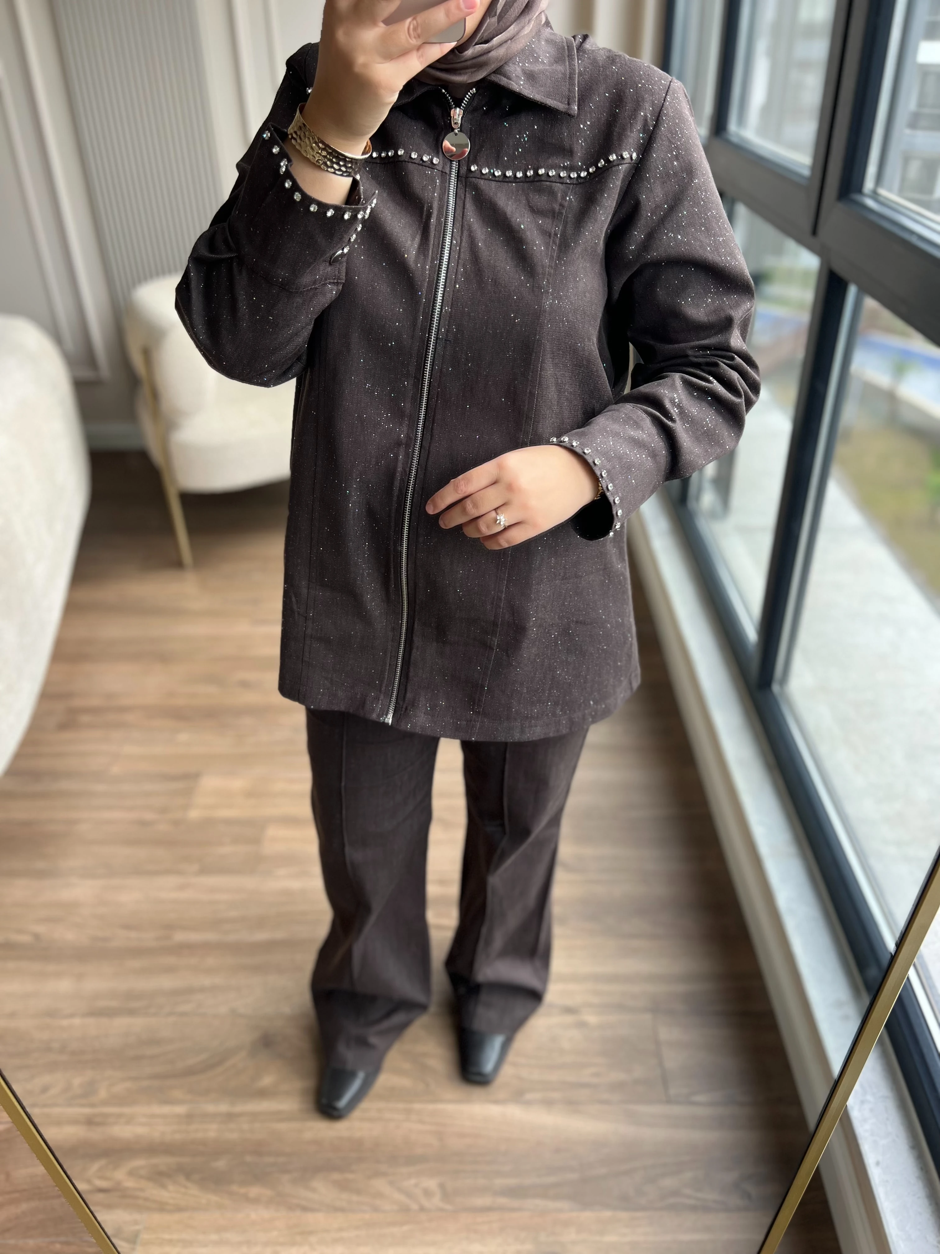 Taşlı Kot Takım Kahverengi 