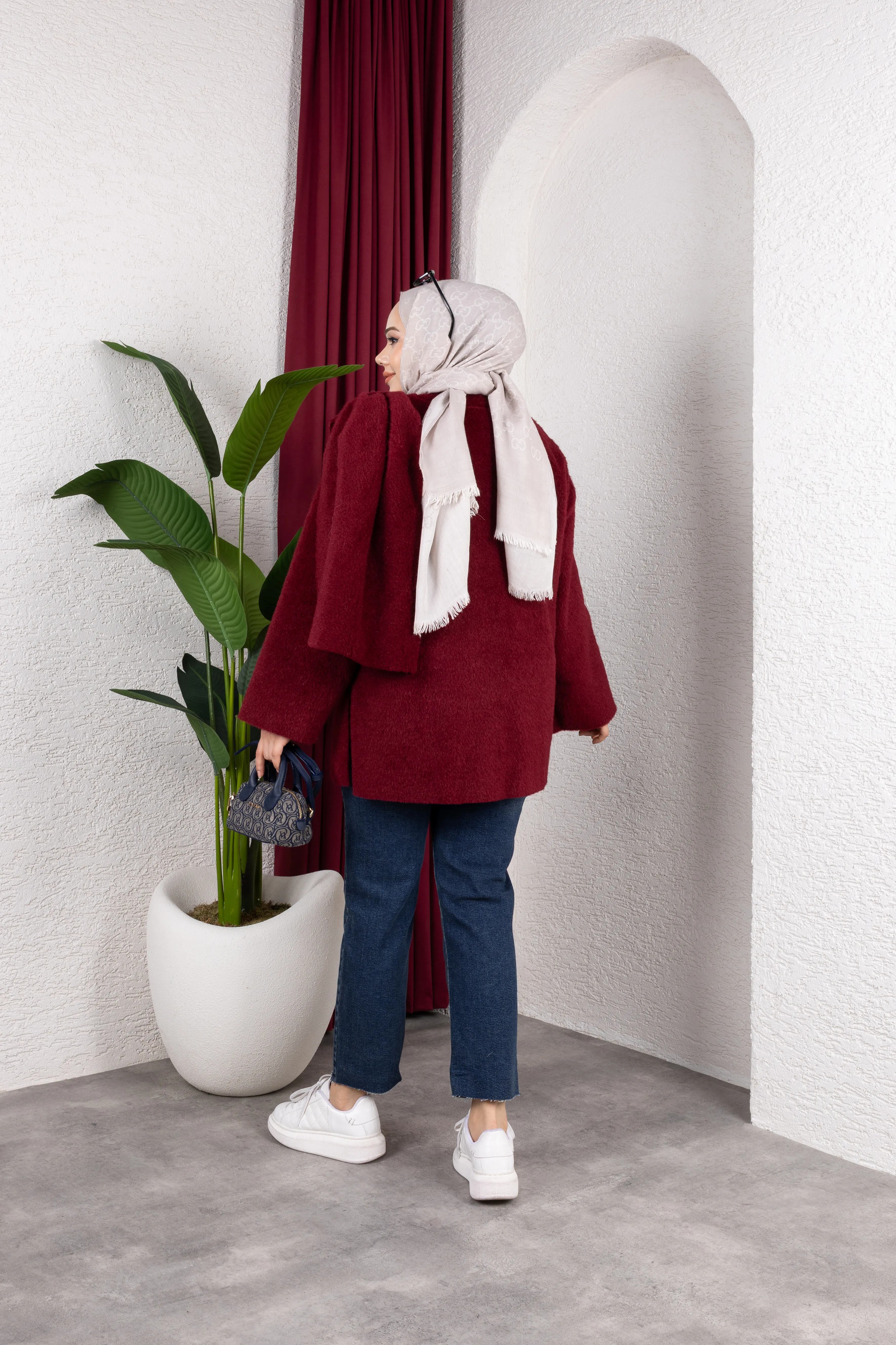 Eva Şal Yaka Kaban Bordo