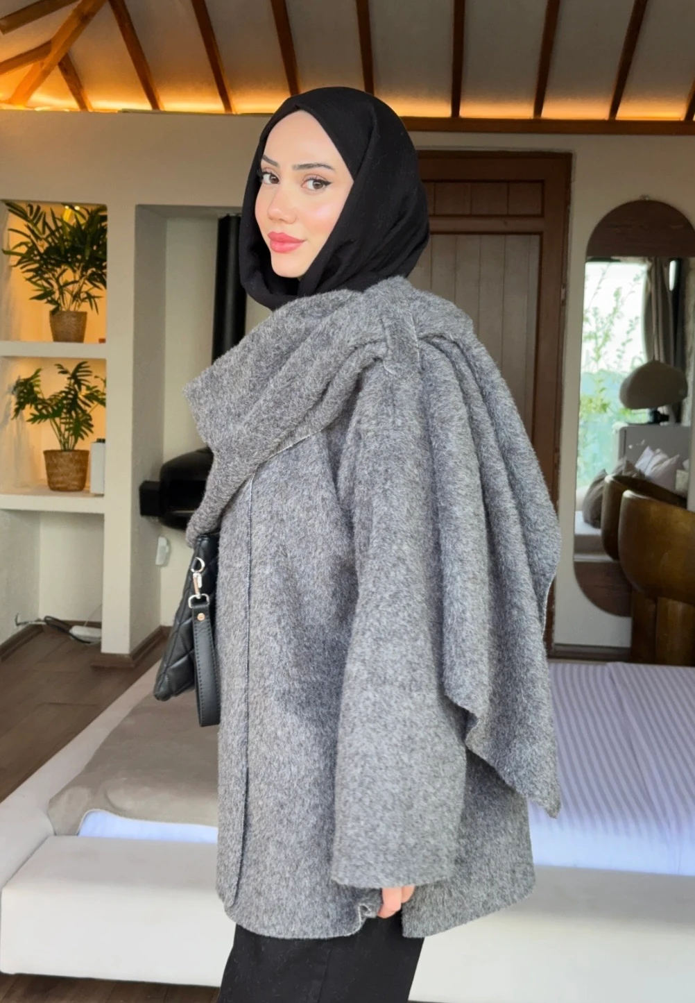 Şal Yaka Kaban Antrasit 