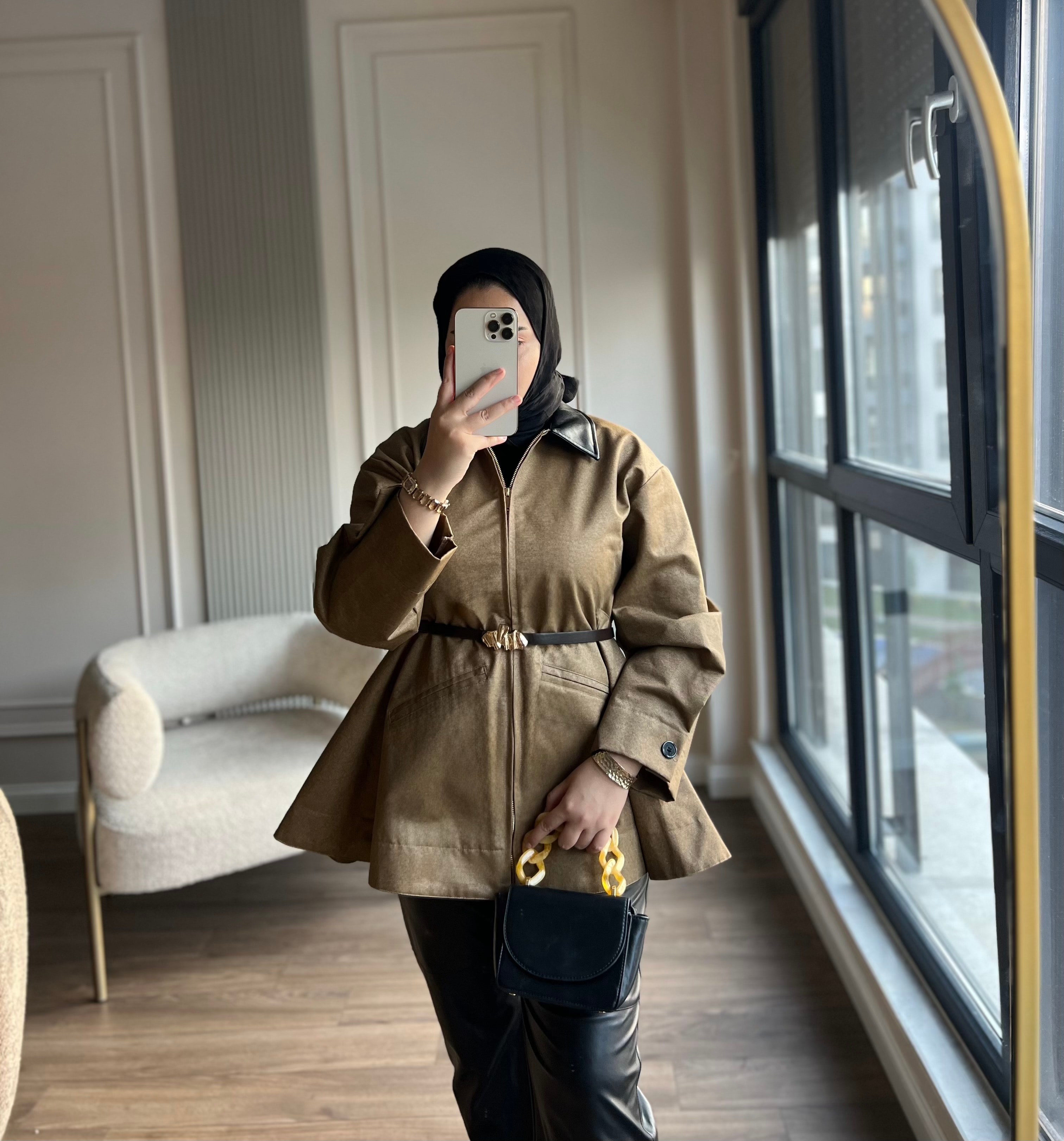 Belden Oturtmalı  Fermuarlı Trenç Camel