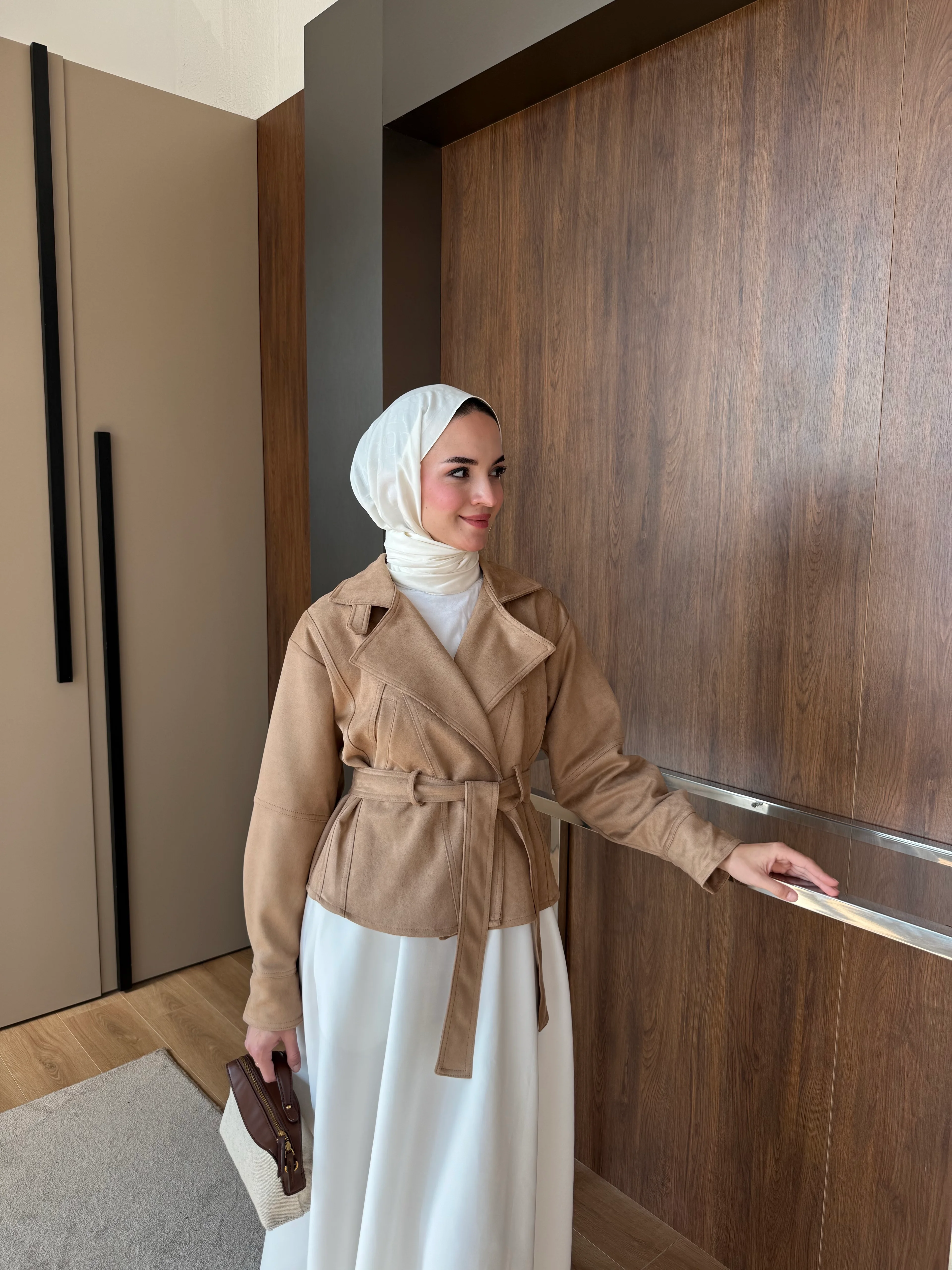  Süet Kısa Trench Taba 