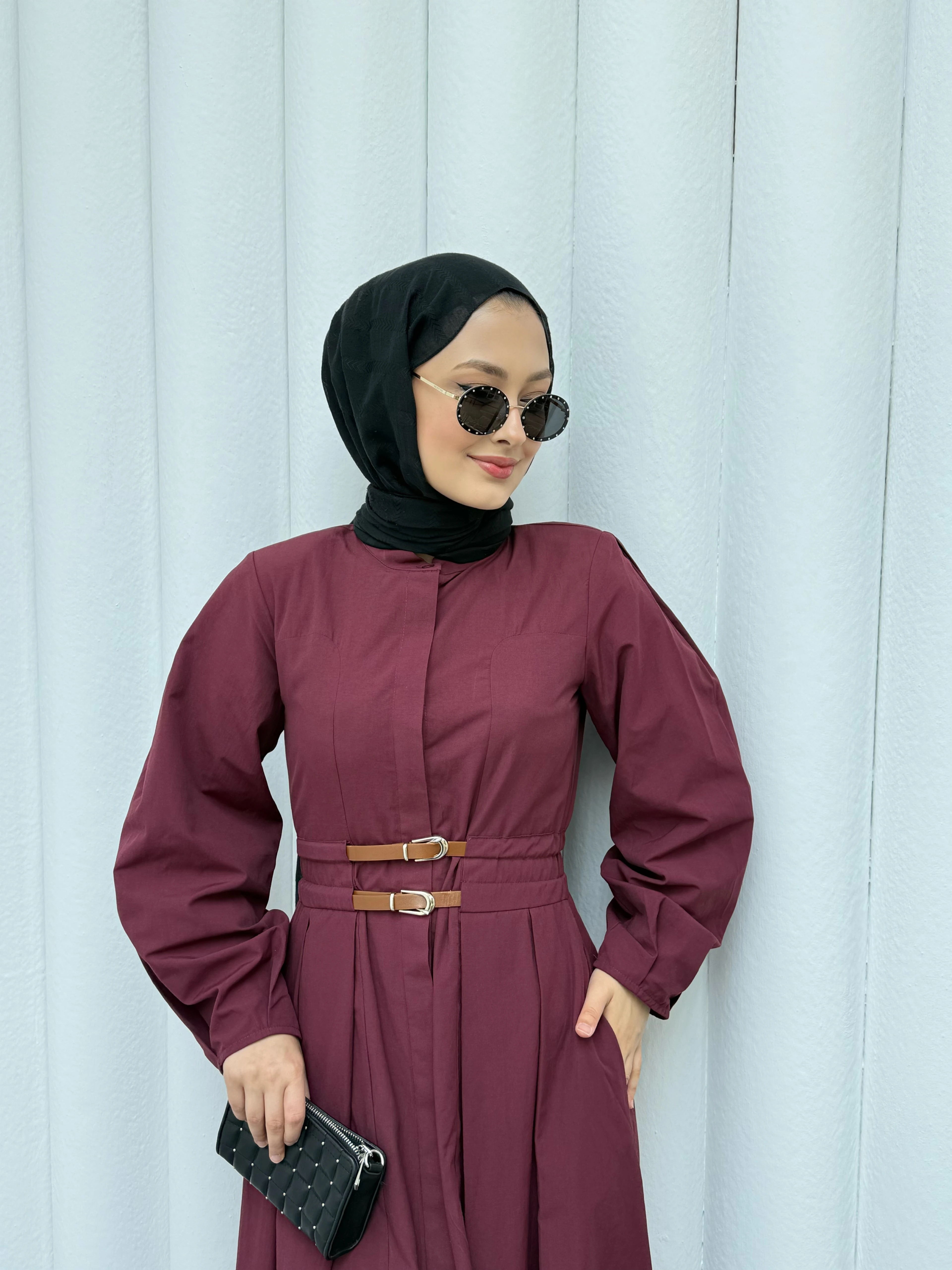 Kemerli Premıum Elbise - Bordo