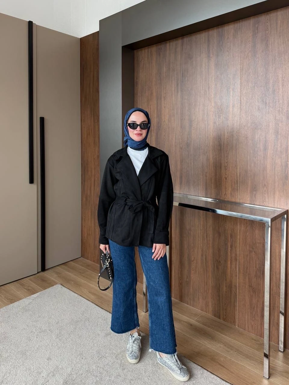 Süet Uzun Trenh Siyah 