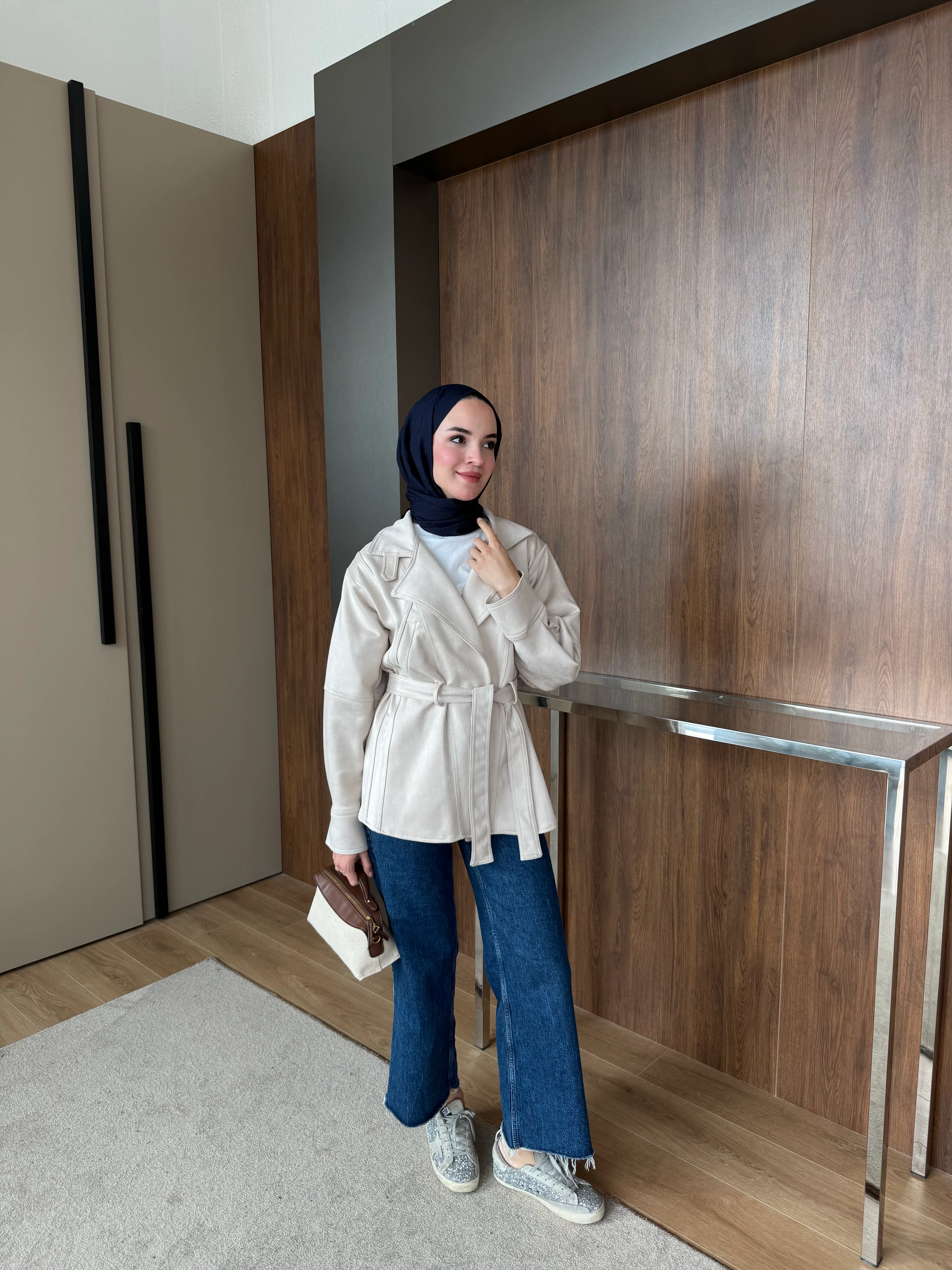 Süet Uzun Trench Taş 