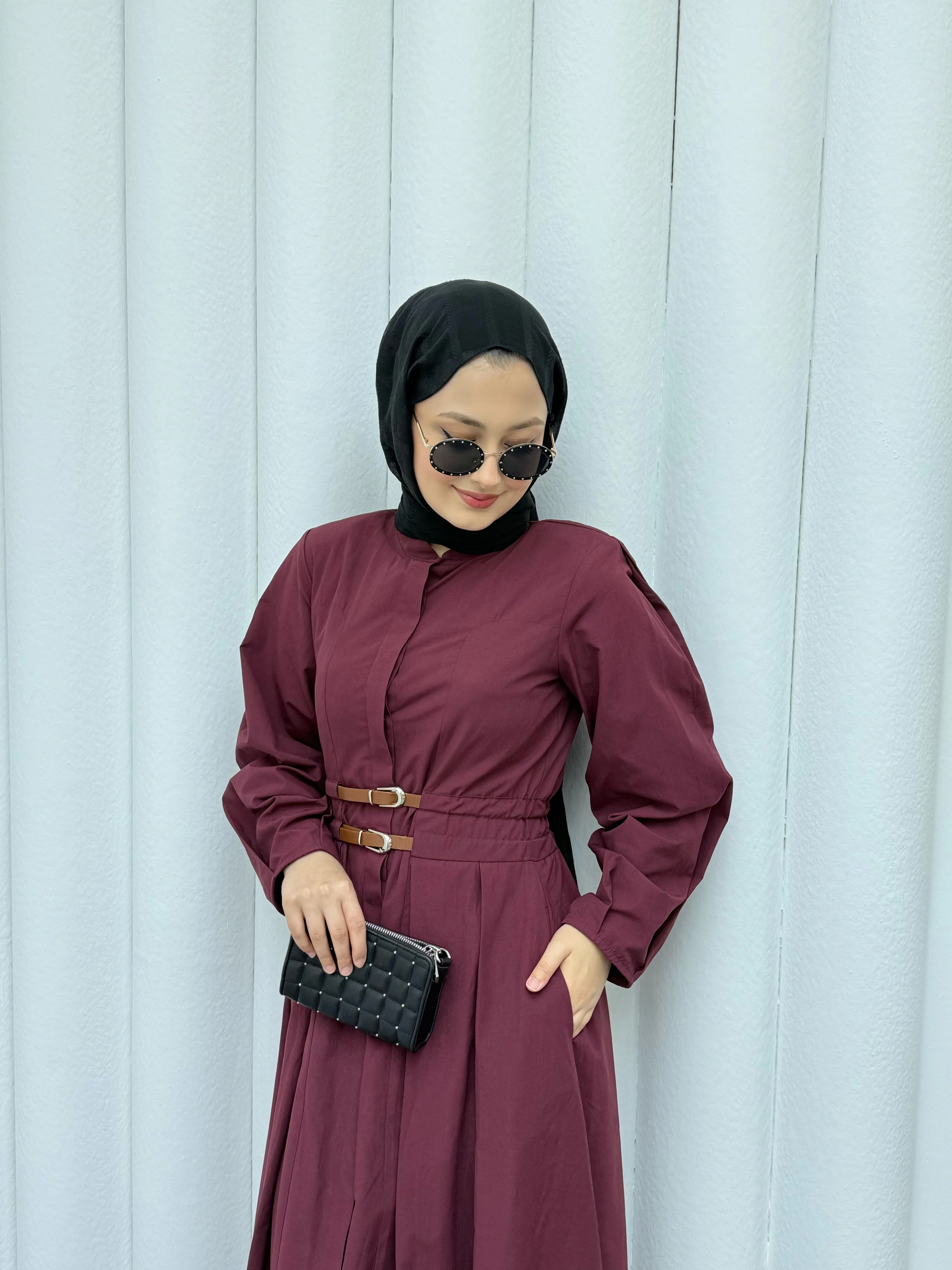 Kemerli Premıum Elbise - Bordo