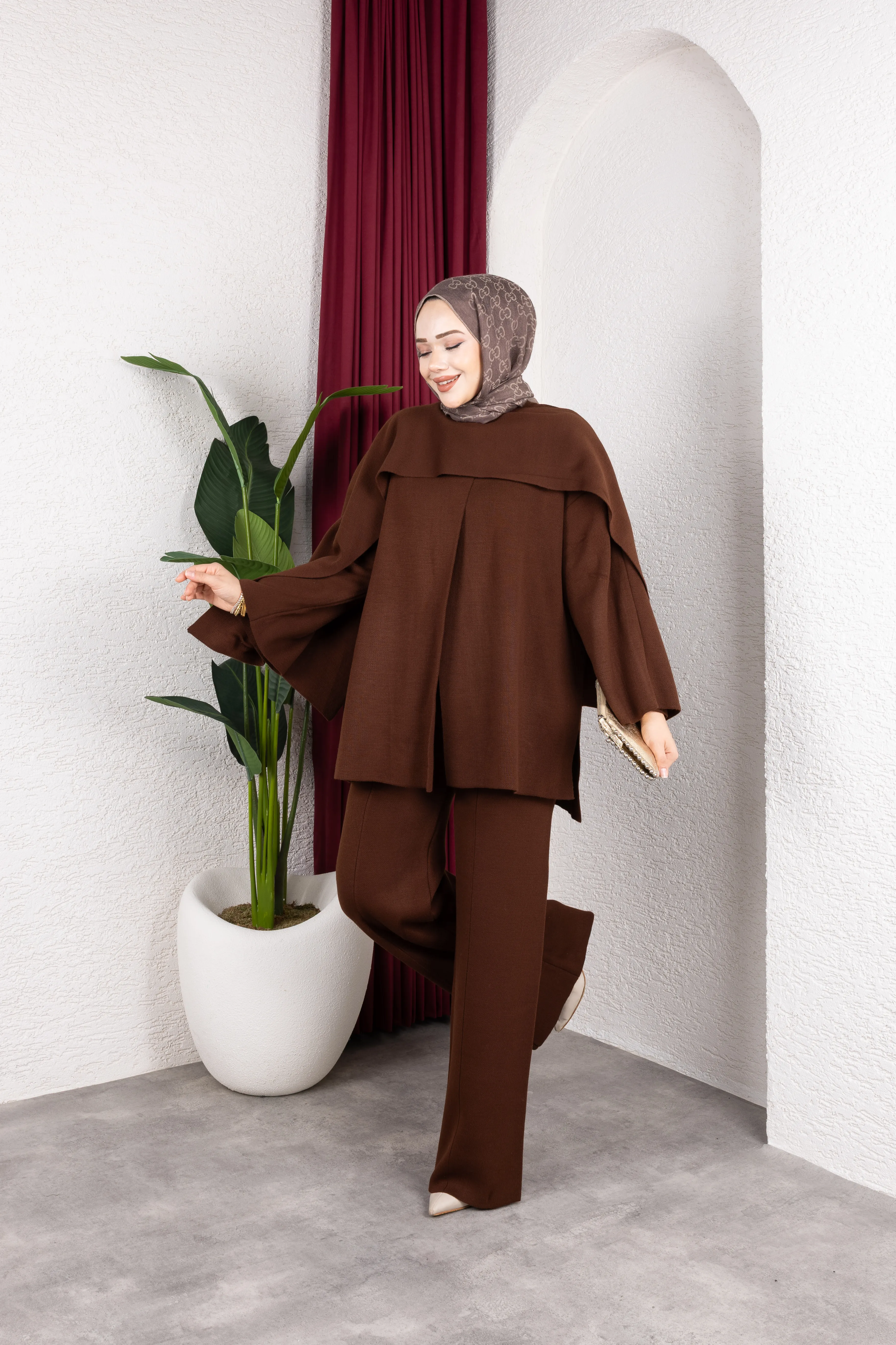 Şal Yaka Triko Pantolonlu Takım Kahverengi