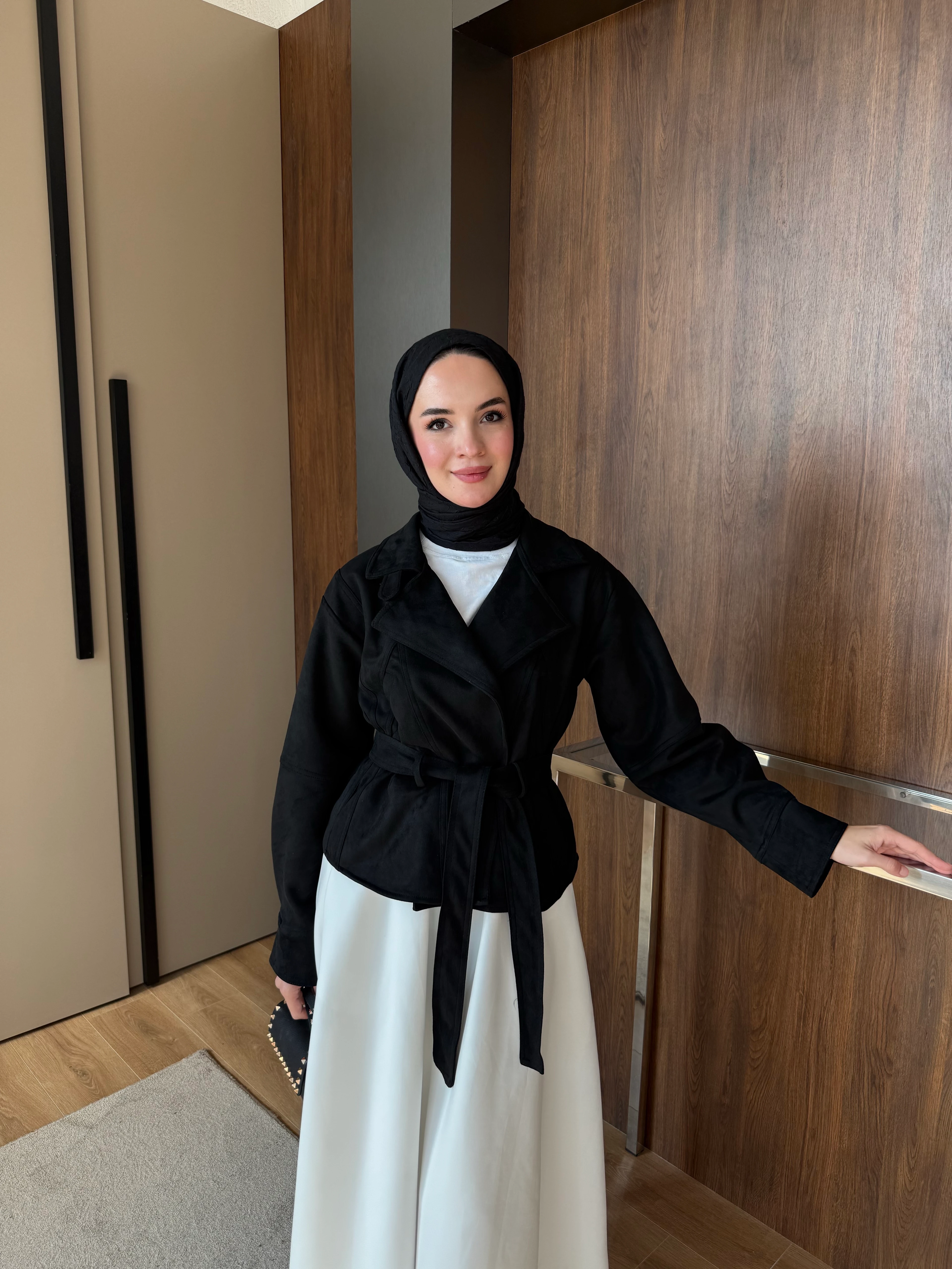 Süet Kısa Trench Siyah 