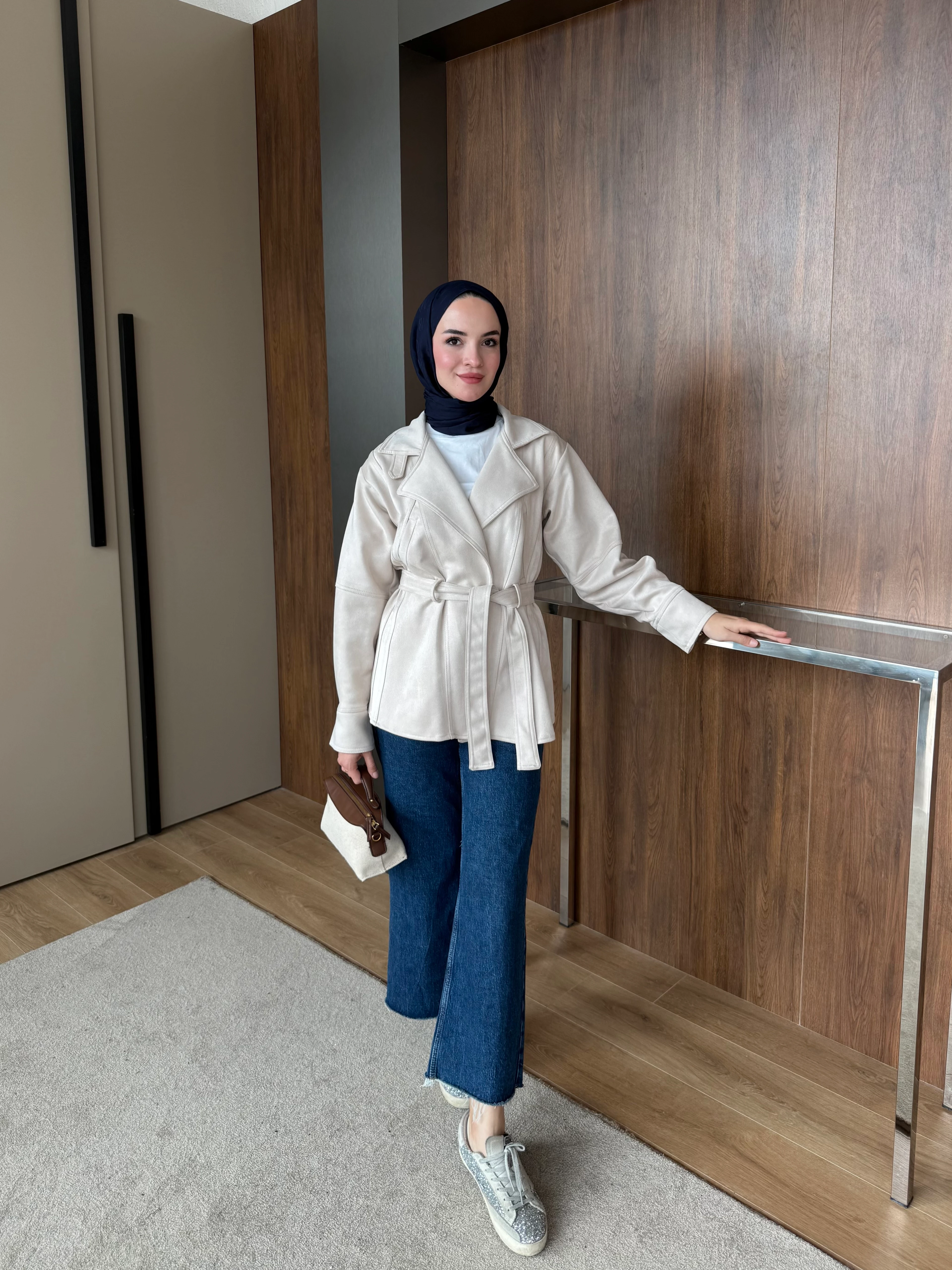 Süet Uzun Trench Taş 