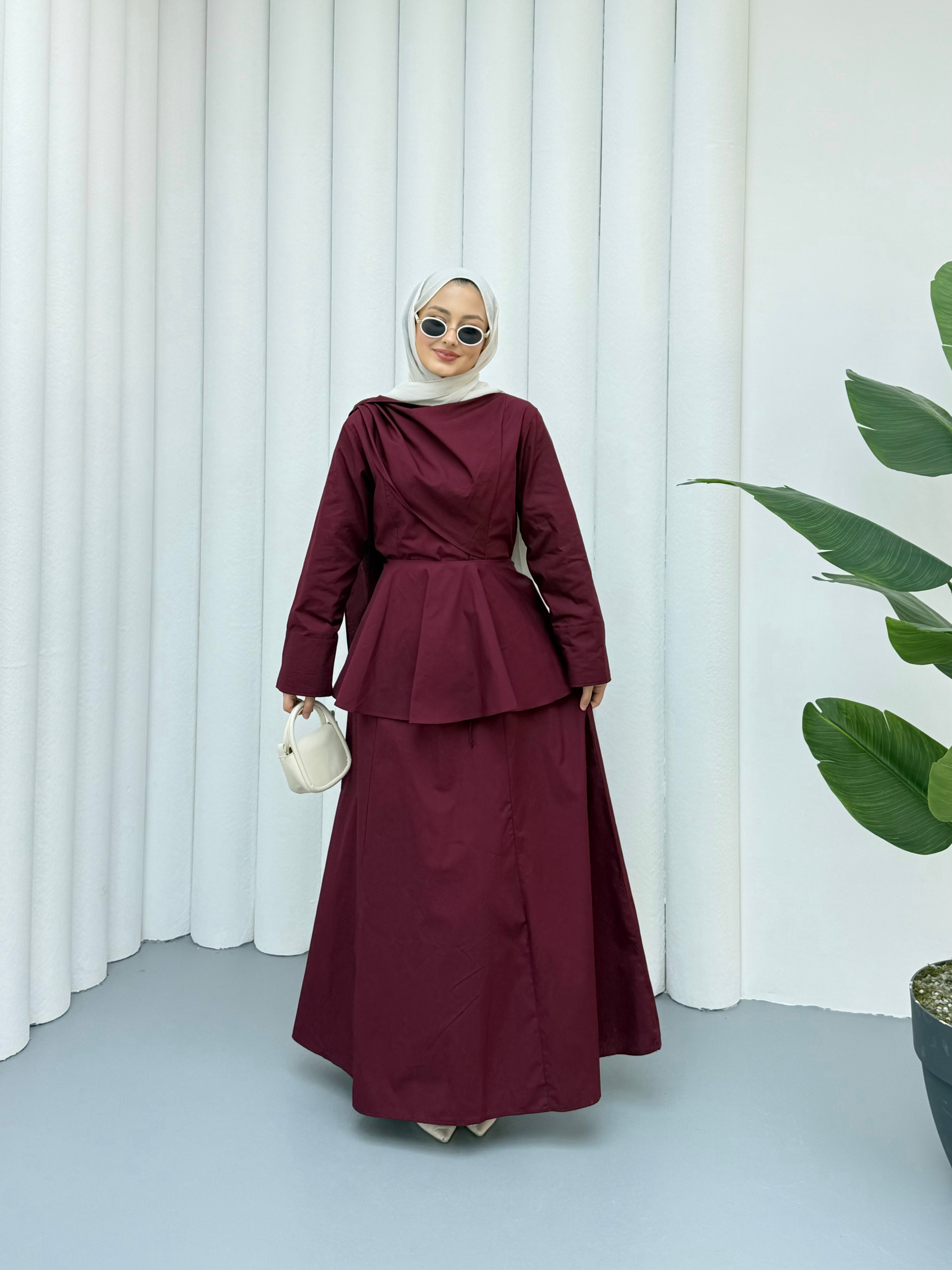 Pelerin Detaylı Pamuk Poplin Elbise - Bordo
