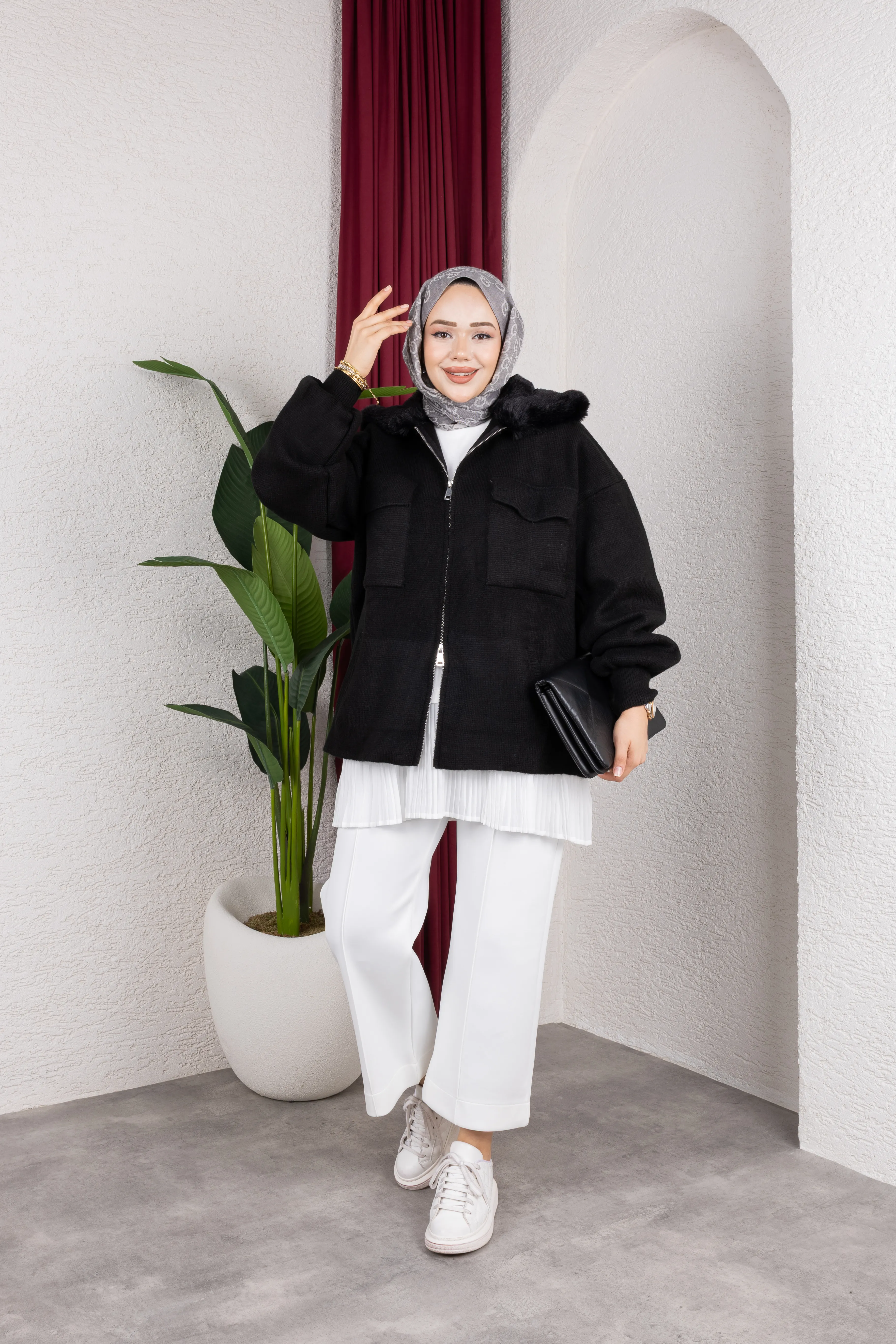 Kürklü Çift Fermuarlı Ceket Siyah