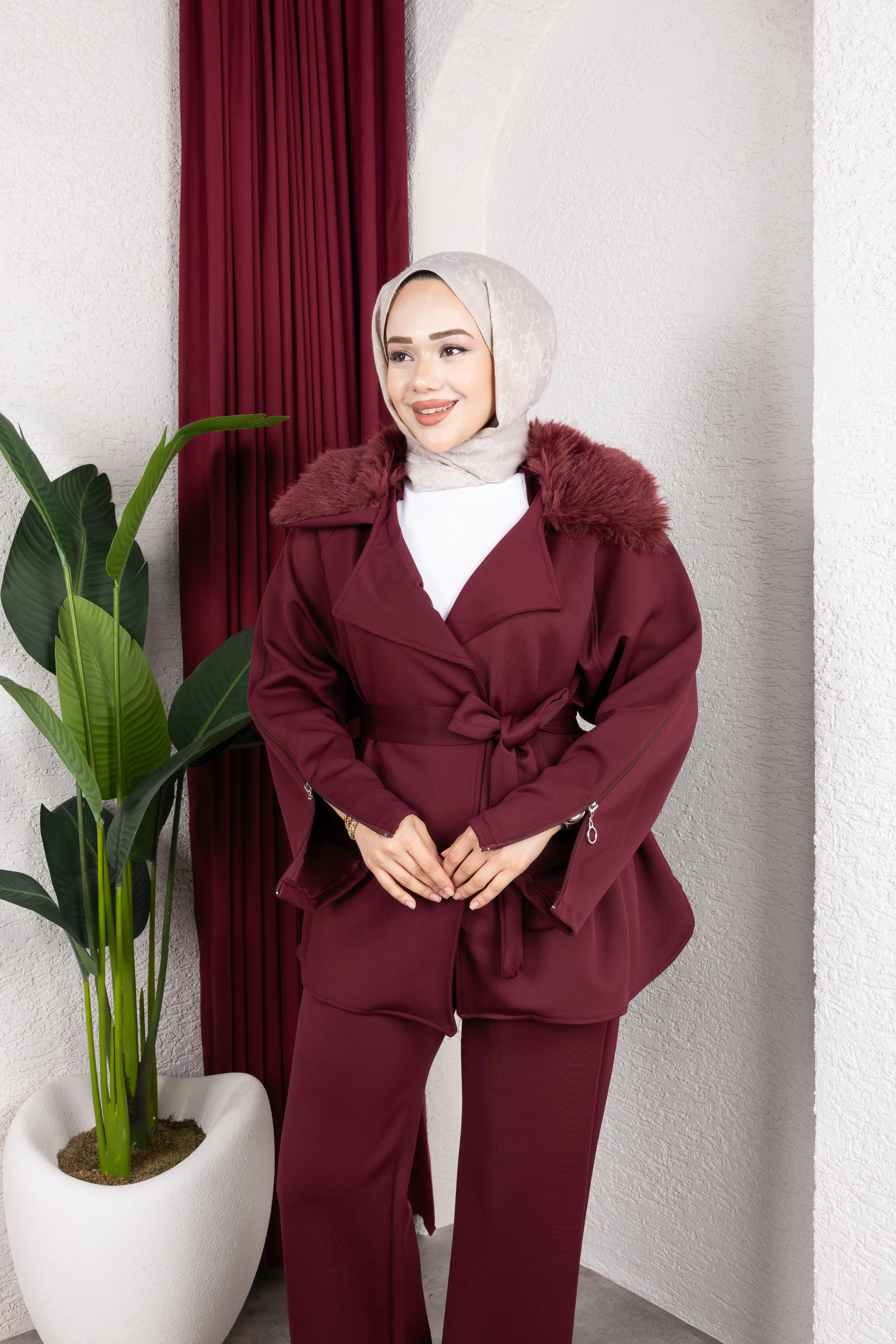 Kürklü Ceket Takım Bordo