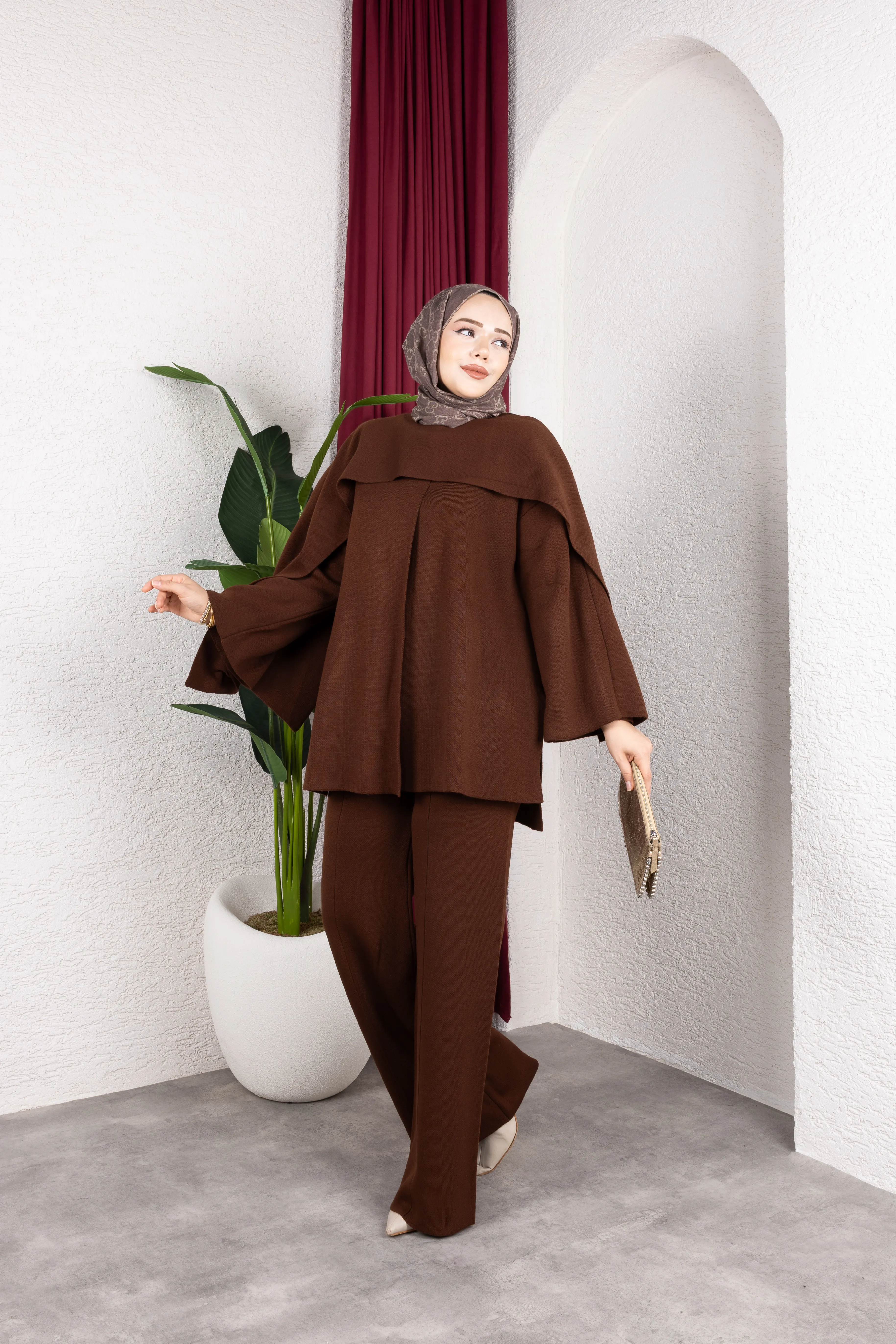 Şal Yaka Triko Pantolonlu Takım Kahverengi