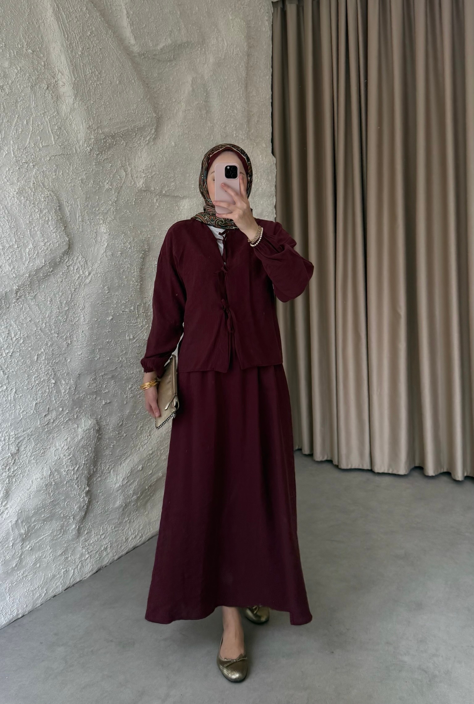 Önden Bağlamalı Etekli Takım - Bordo