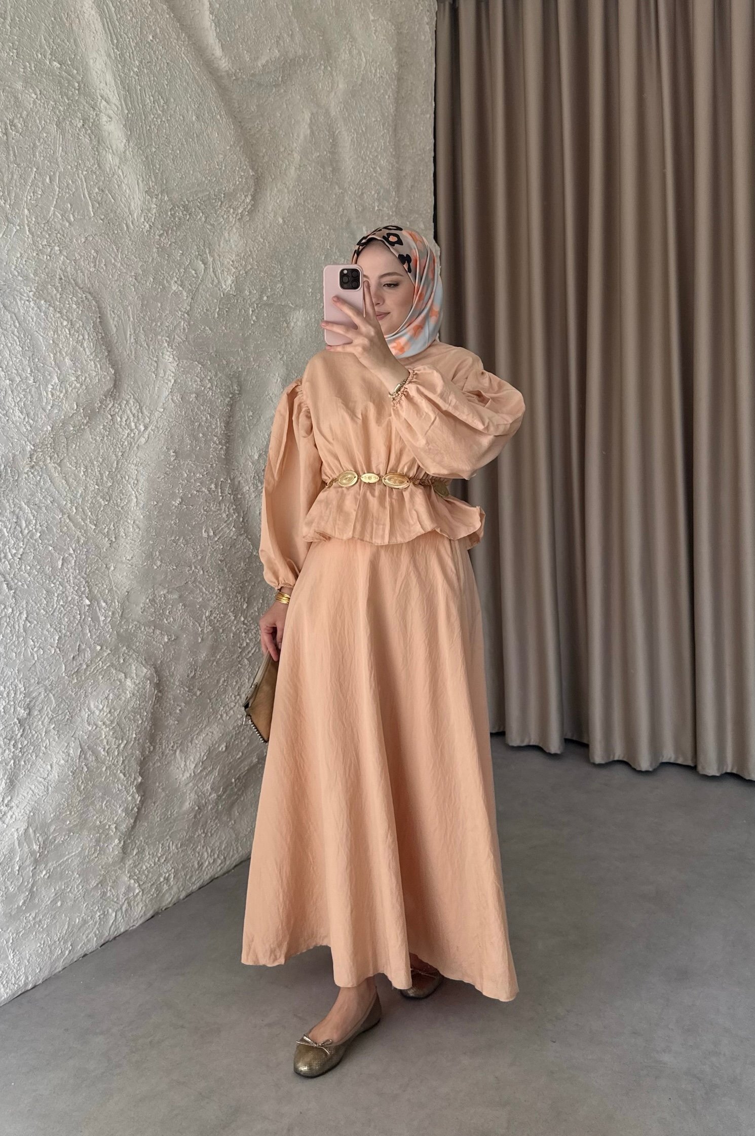 Mellina Kemerli Etek Takım - Somon