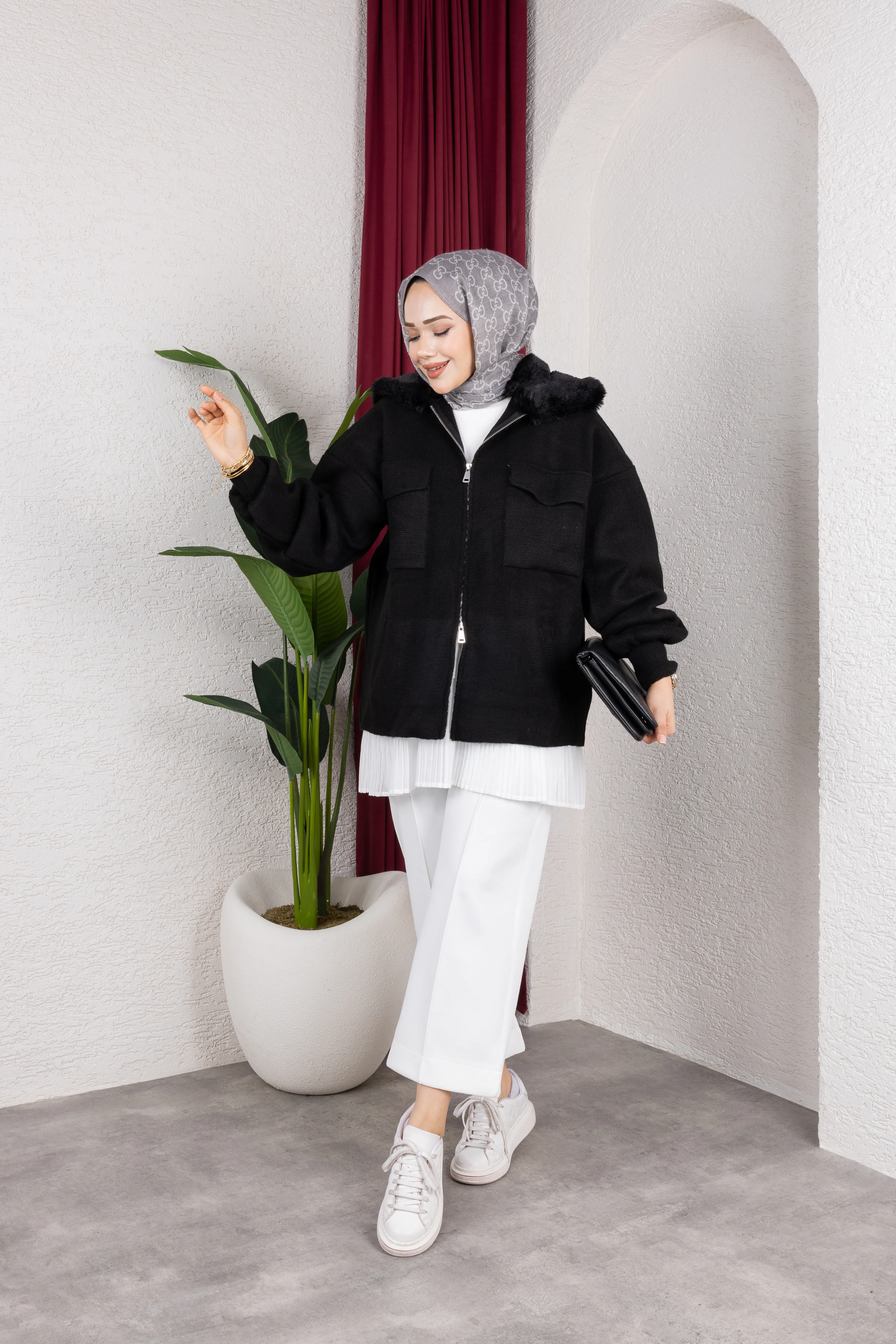 Kürklü Çift Fermuarlı Ceket Siyah