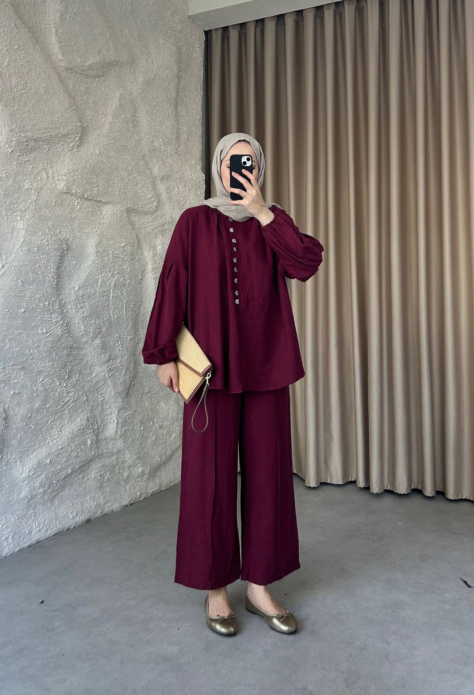 Önden Düğmeli Keten Pantolonlu Takım  - Bordo