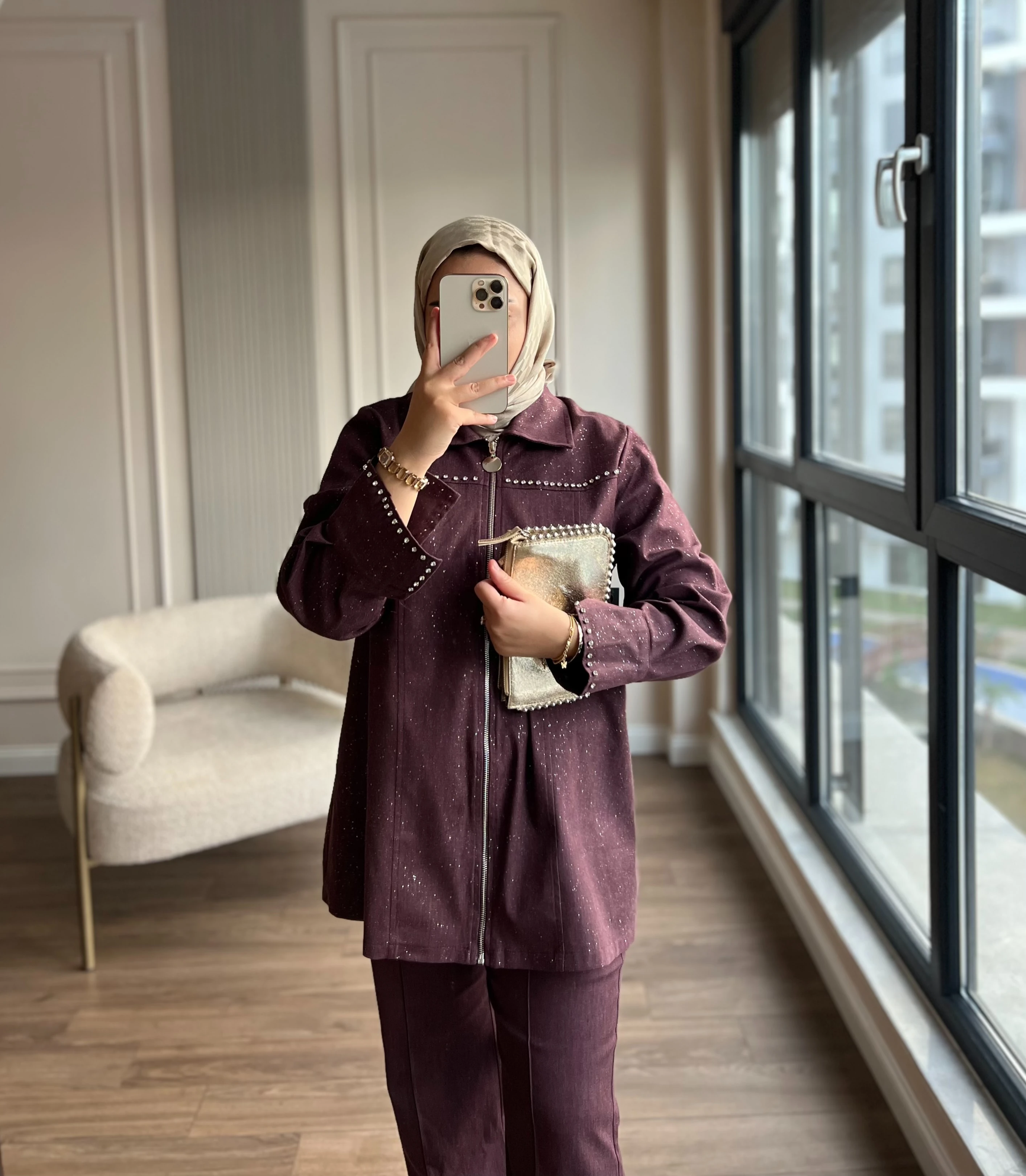 Taşlı Kot Takım Bordo 