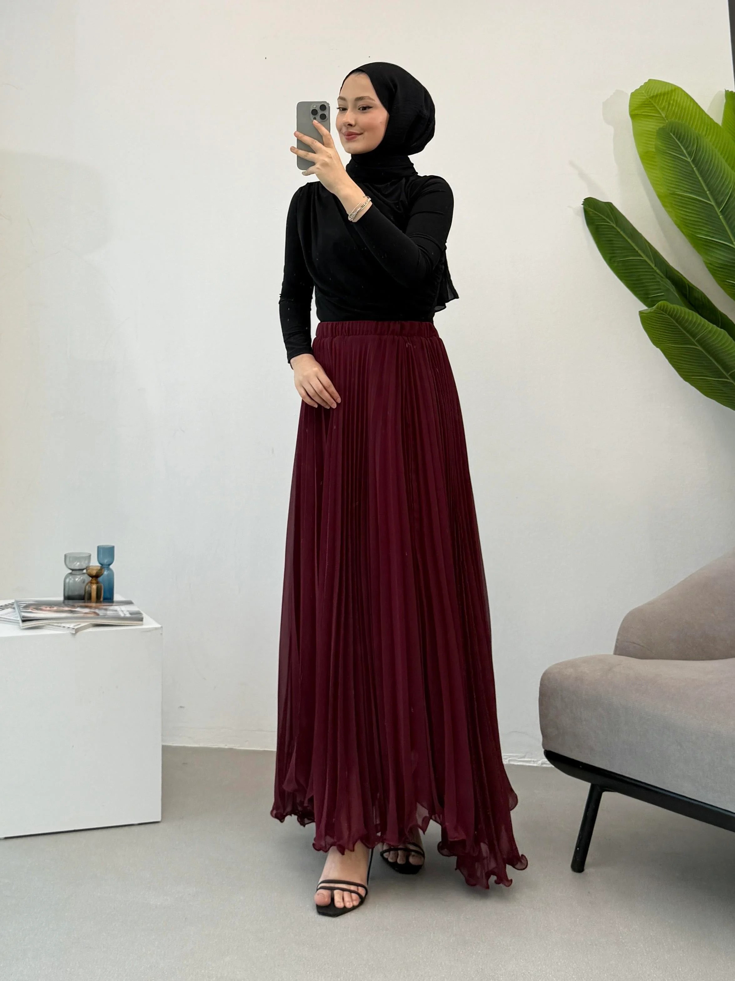 Hm Model Şifon Piliseli Etek - Bordo