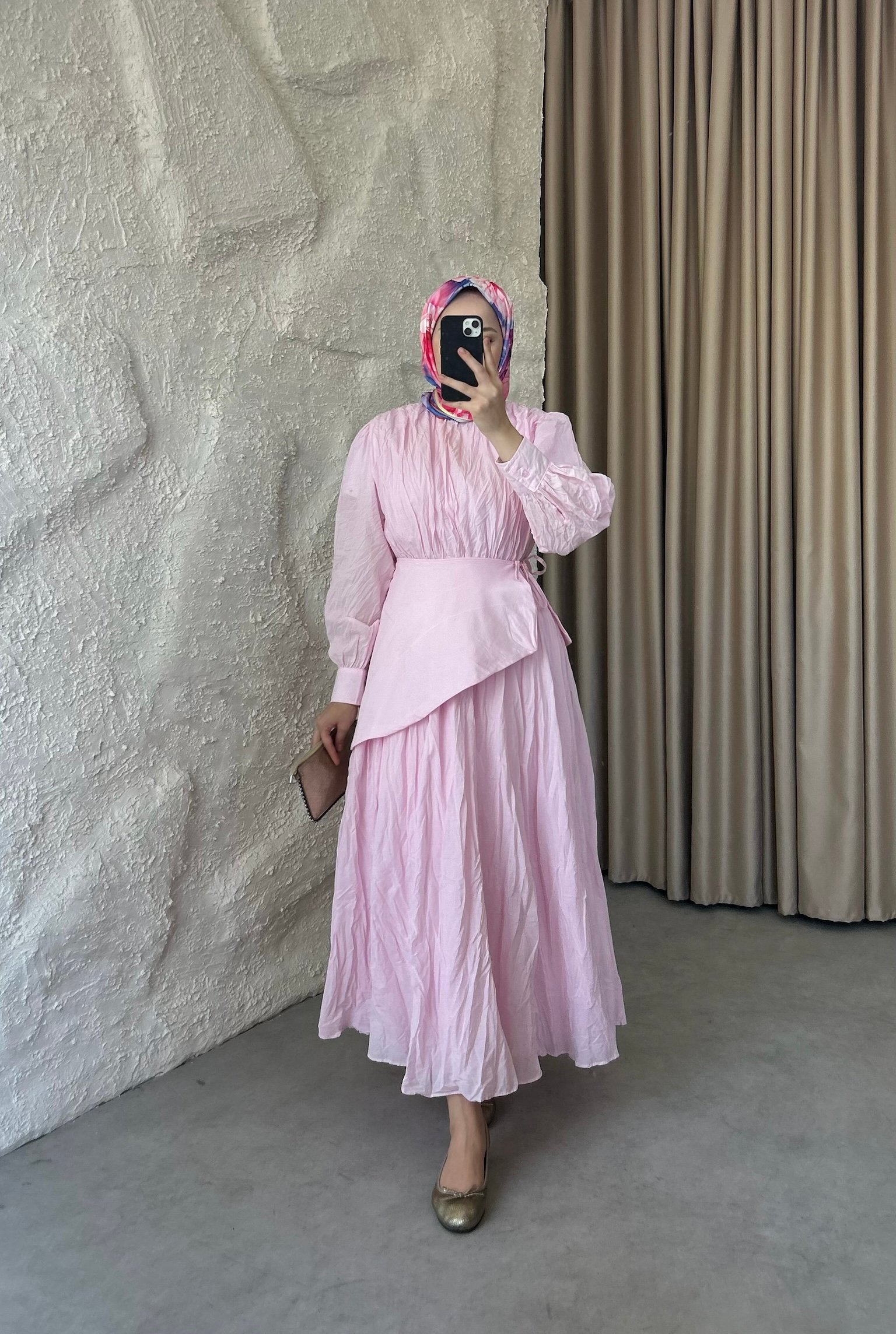 Bel Fularlı Vual Elbise - Pembe