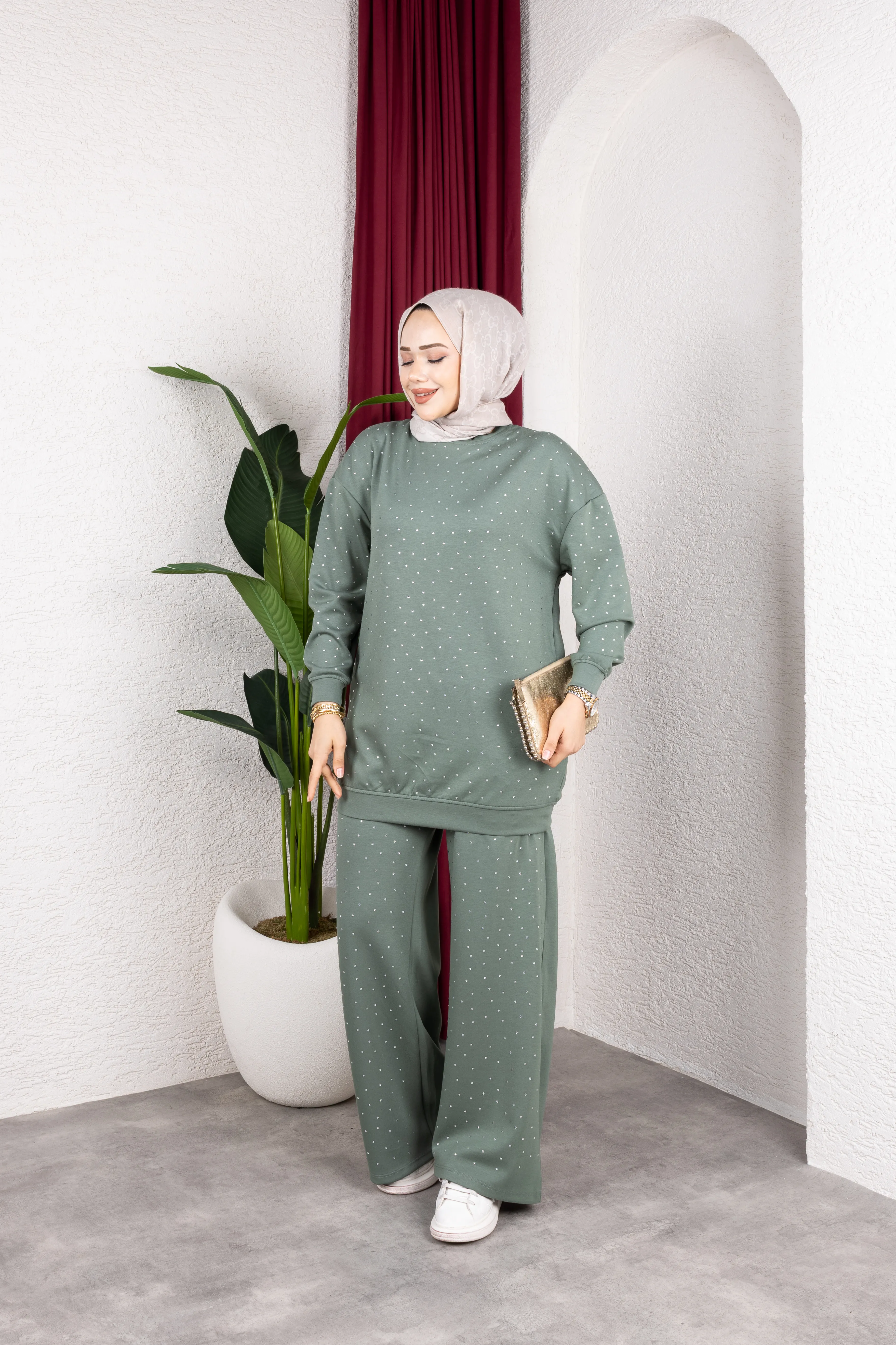 Daina Taşlı Pantolonlu Takımı Mint Yeşili